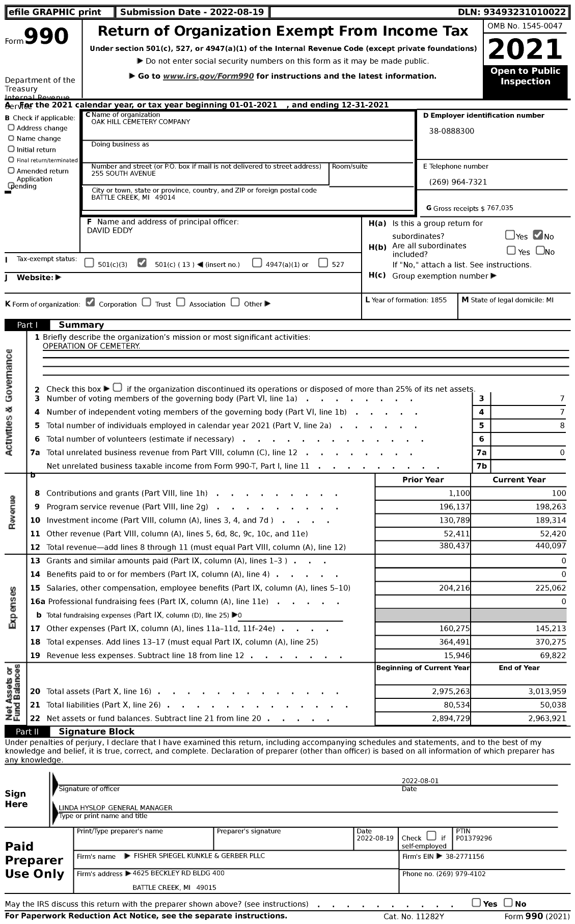 Image of first page of 2021 Form 990 for Oak Hill Cemetery Company