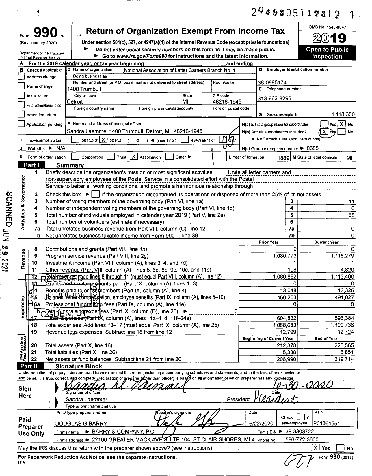 Image of first page of 2019 Form 990O for National Association of Letter Carriers - 1 Detroit Michigan