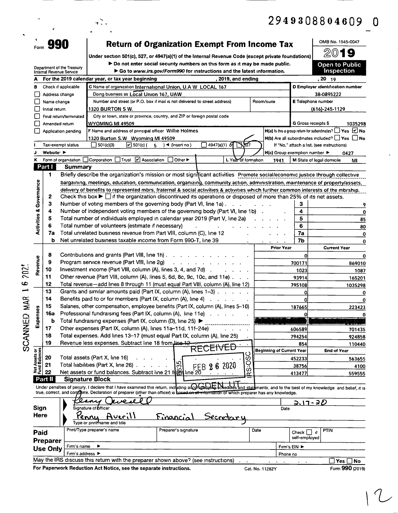 Image of first page of 2019 Form 990O for UAW - Local Union 167 UAW