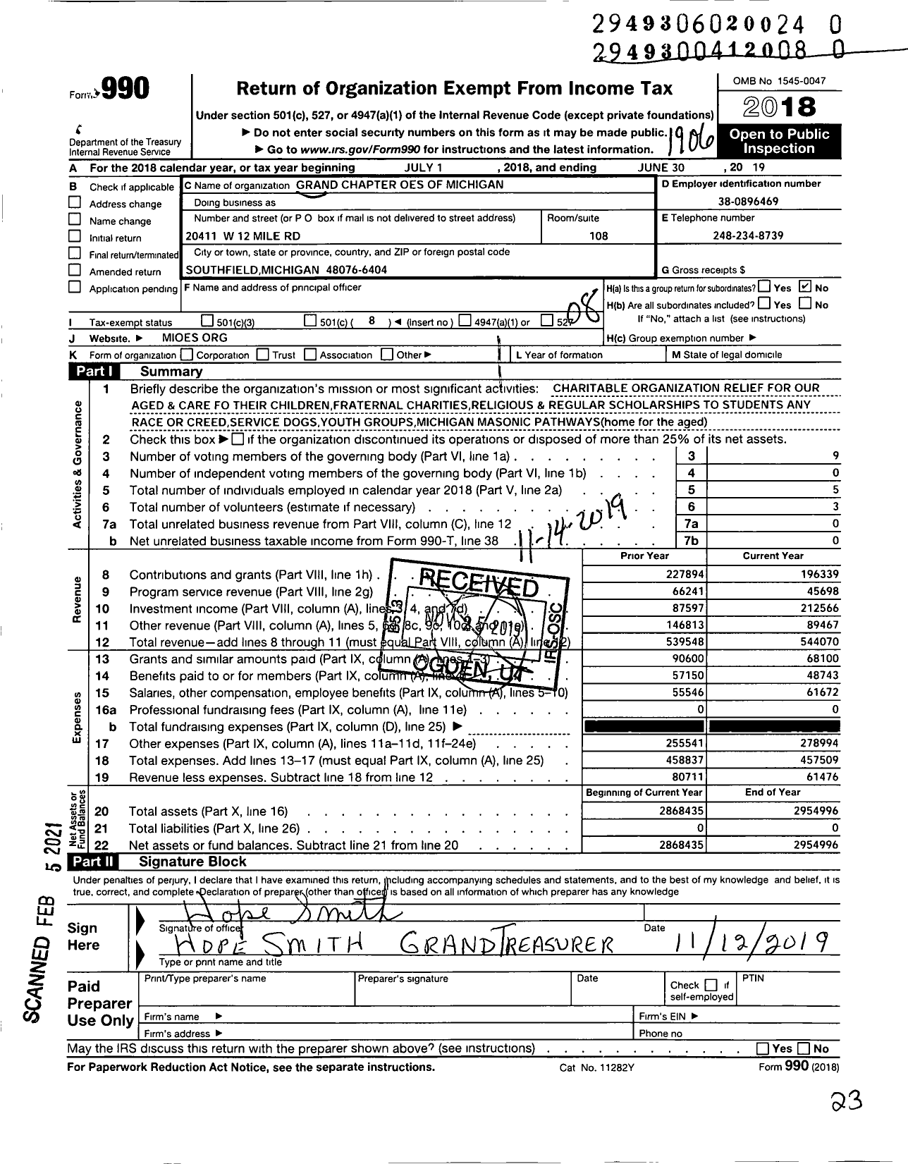 Image of first page of 2018 Form 990O for Grand Chapter Order of the Eastern Star of Michigan