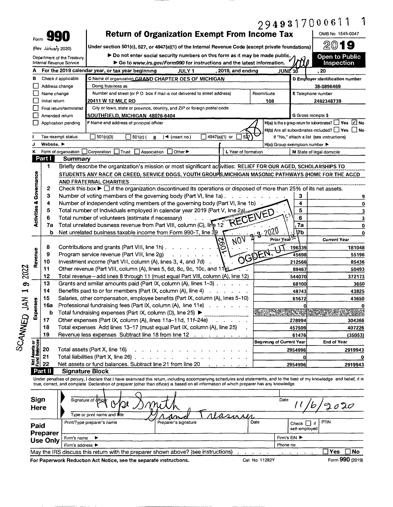 Image of first page of 2019 Form 990O for Grand Chapter Order of the Eastern Star of Michigan