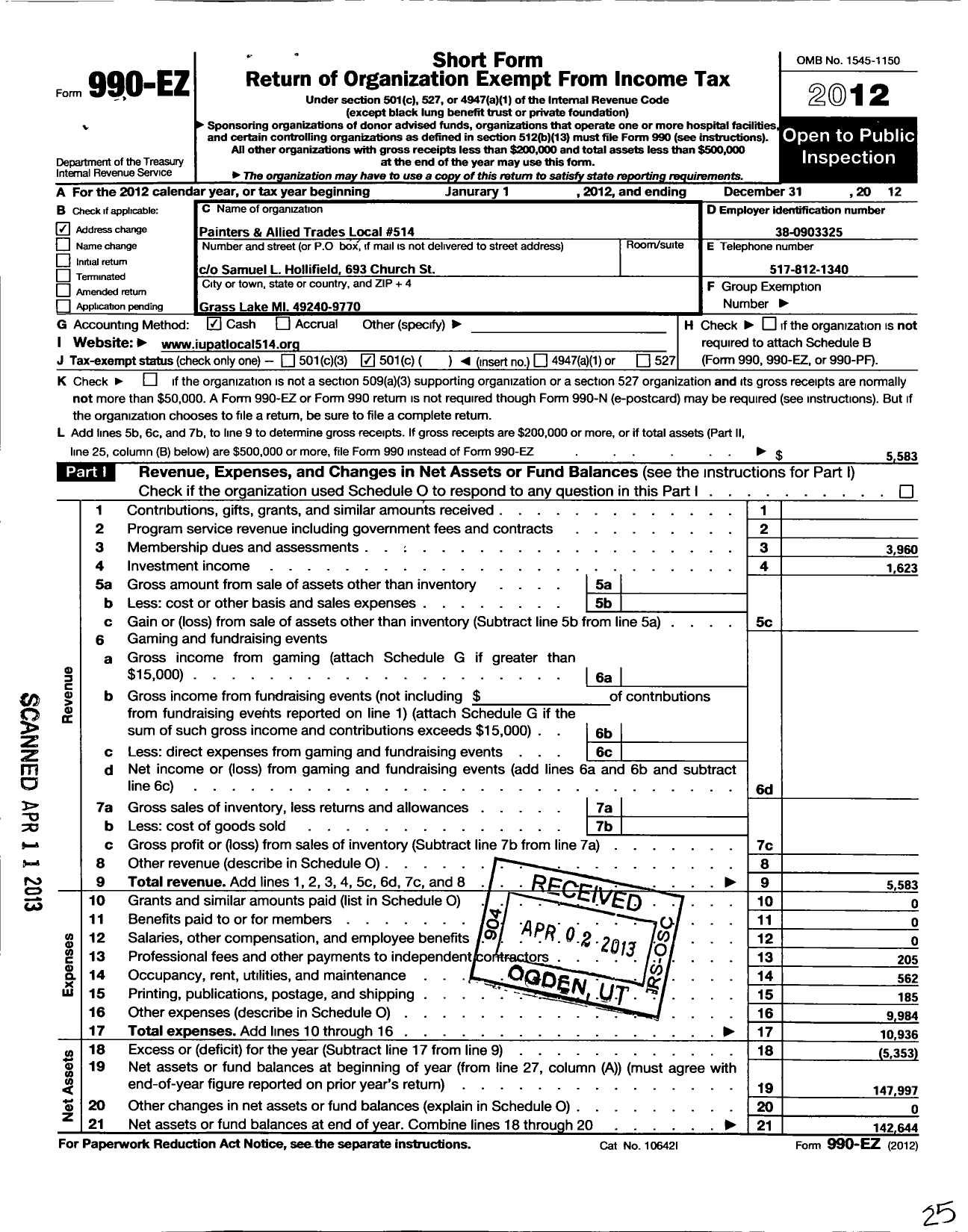 Image of first page of 2012 Form 990EO for International Union of Painters and Allied Trades - 514 Painters Local Union