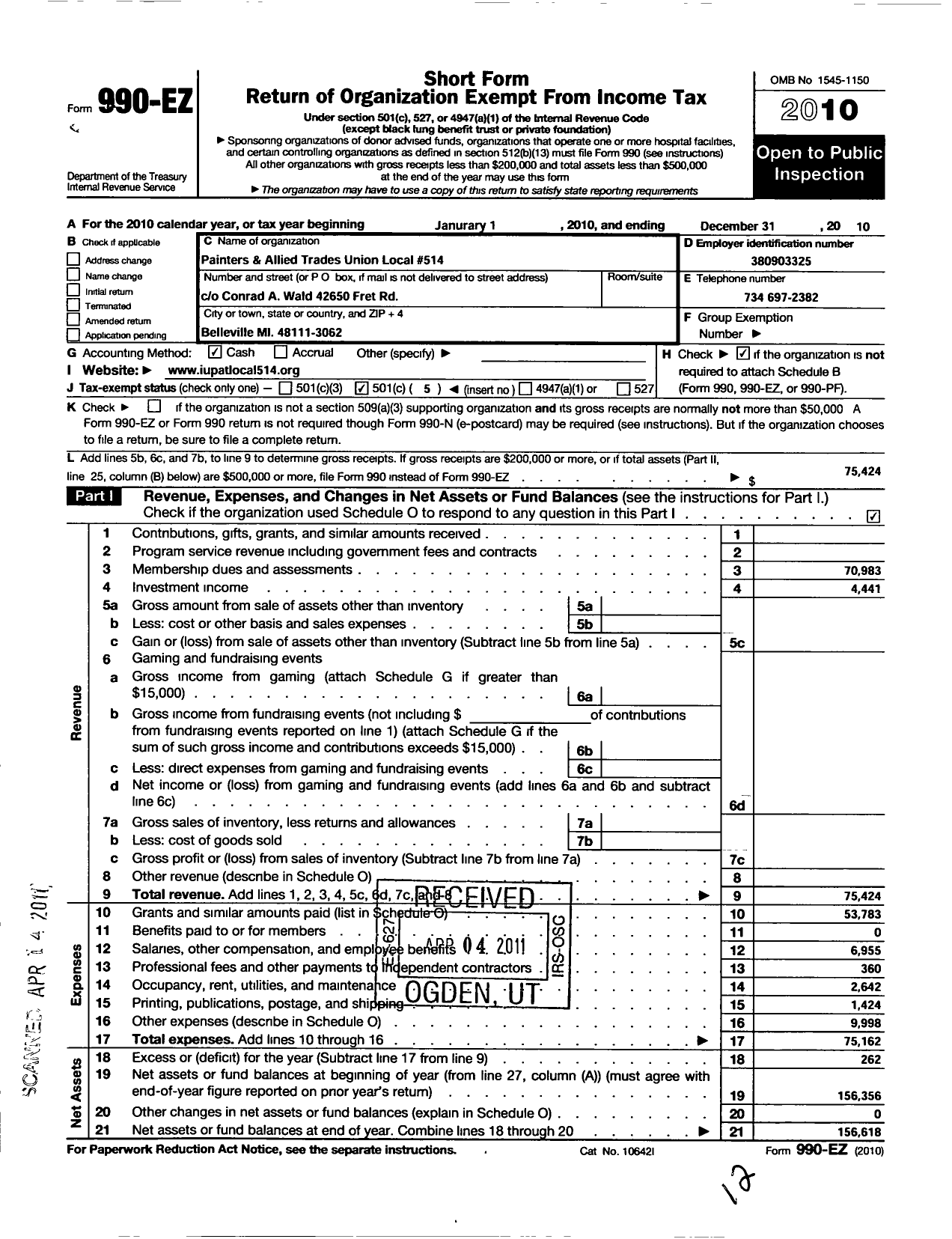 Image of first page of 2010 Form 990EO for International Union of Painters and Allied Trades - 514 Painters Local Union