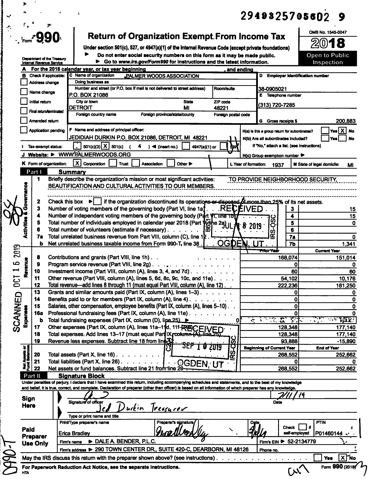 Image of first page of 2018 Form 990O for Palmer Woods Association