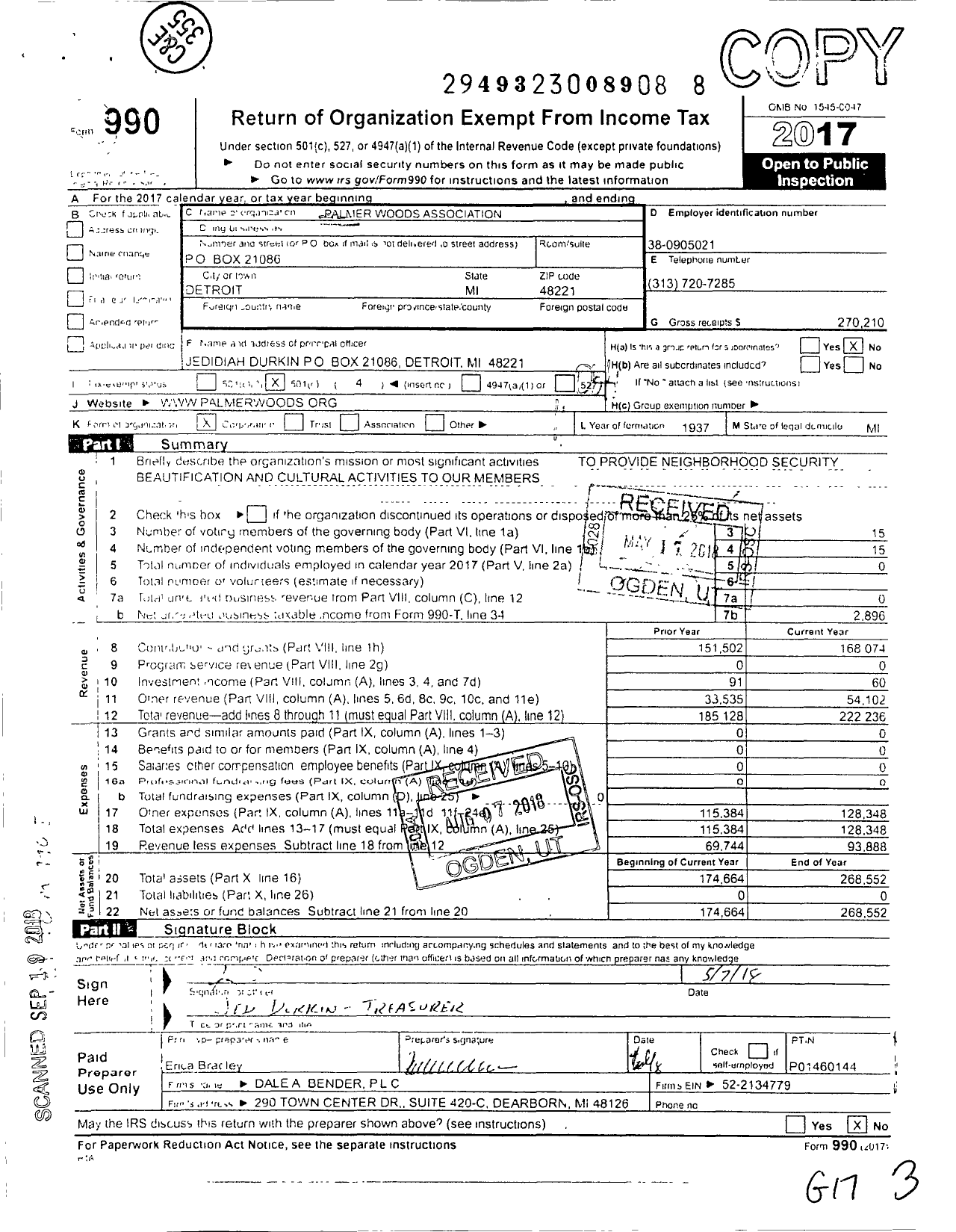 Image of first page of 2017 Form 990O for Palmer Woods Association