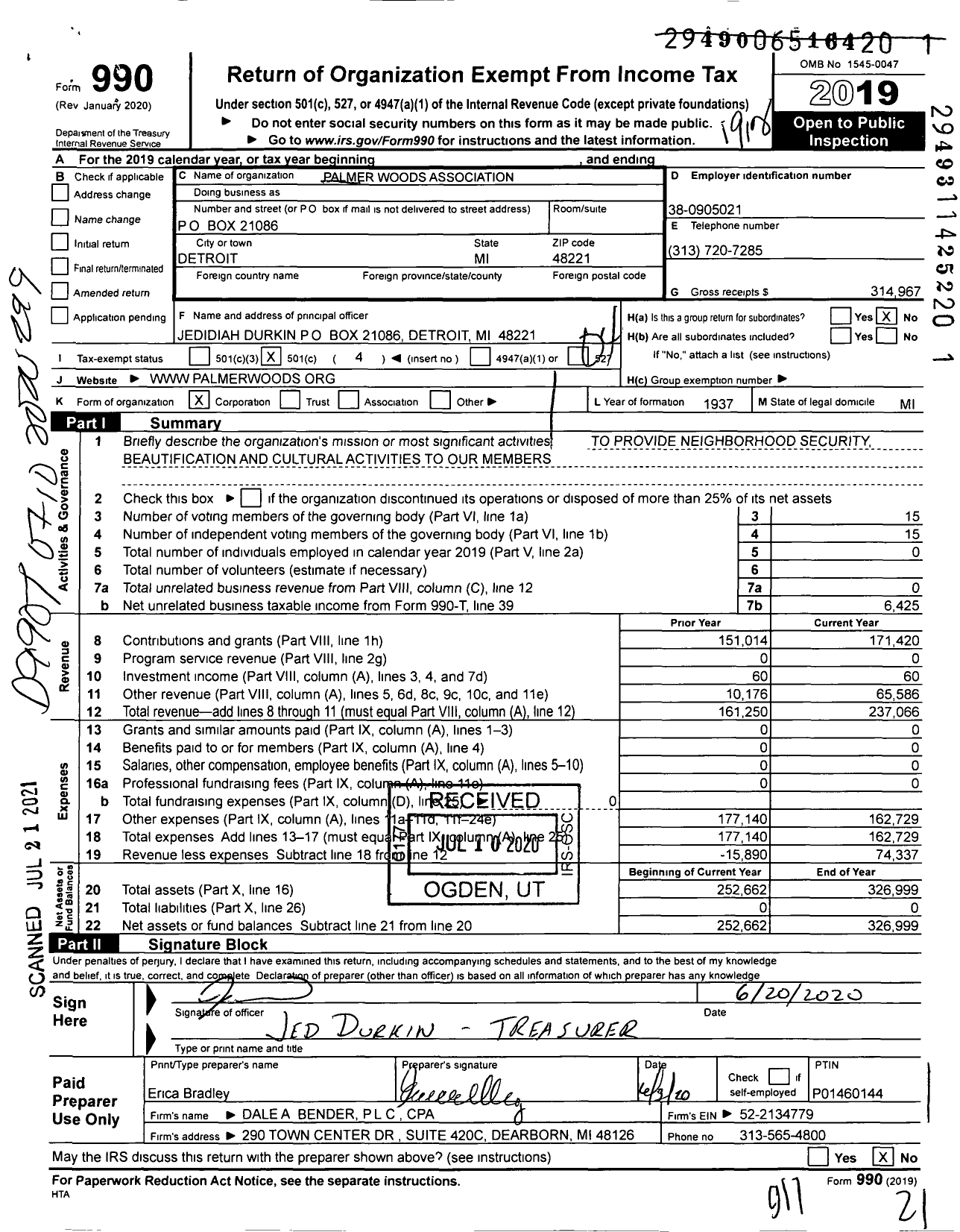 Image of first page of 2019 Form 990O for Palmer Woods Association