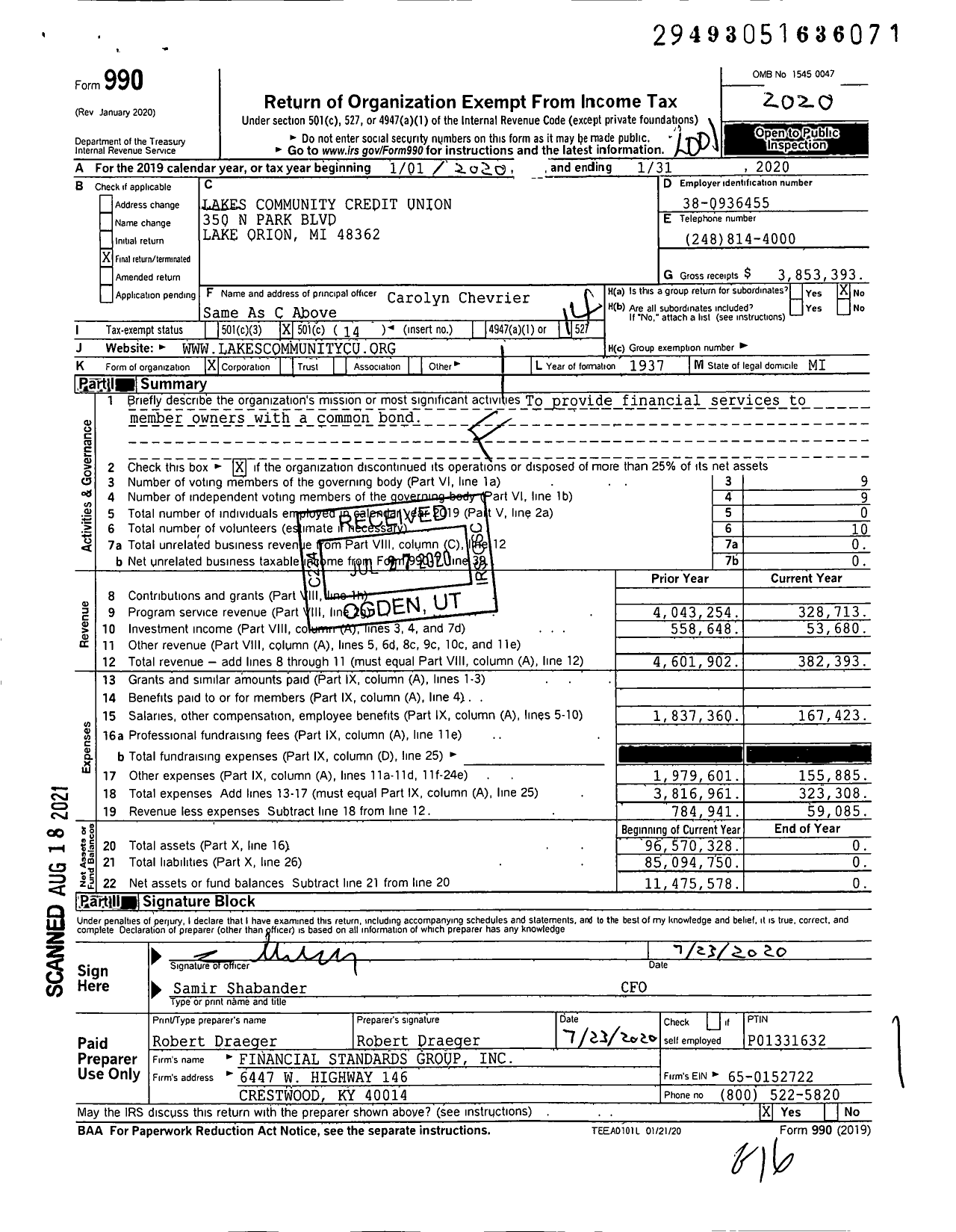 Image of first page of 2019 Form 990O for Credit Unions Chartered in the State of Michigan - 148 Lakes Community Credit Union