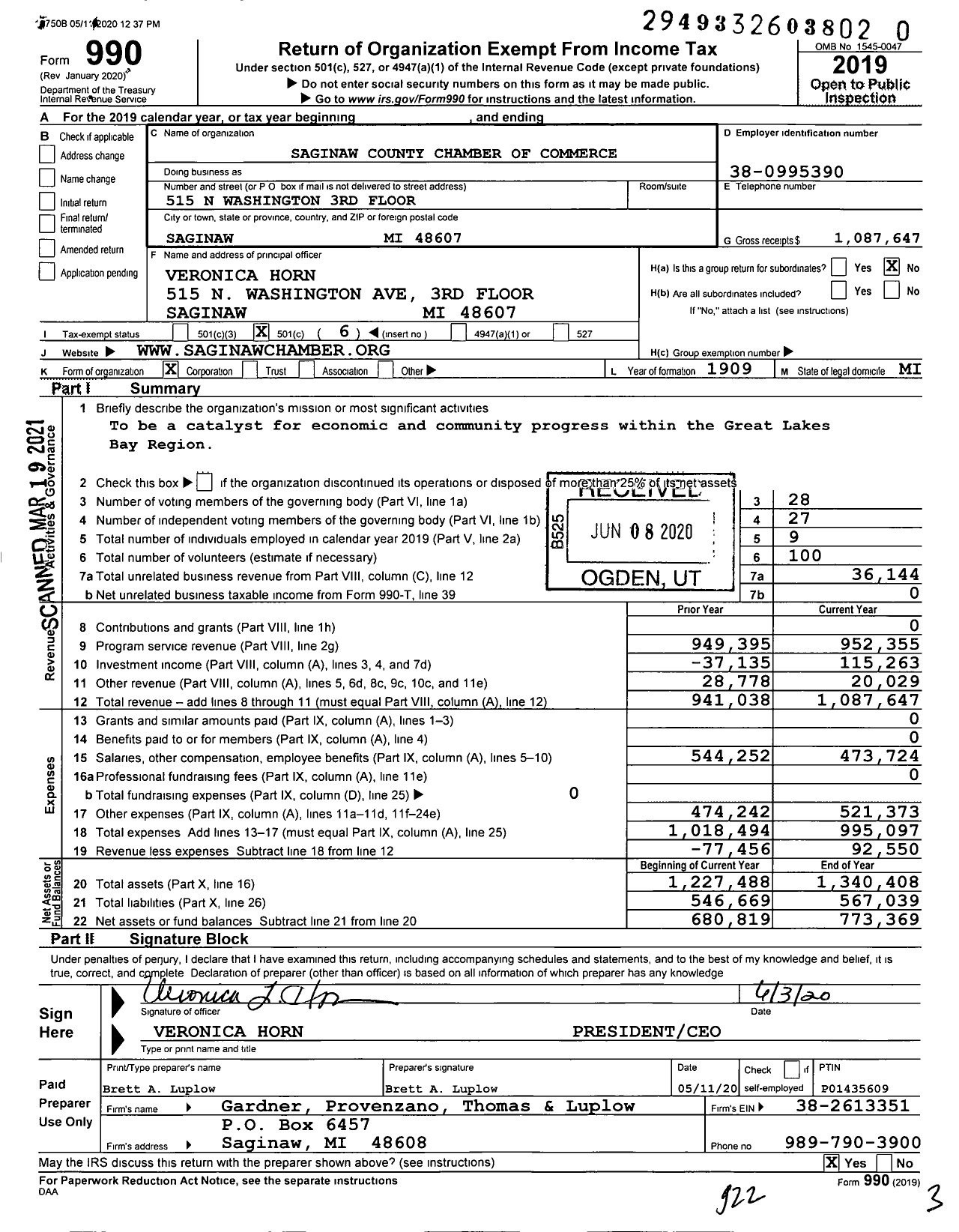 Image of first page of 2019 Form 990O for Saginaw County Chamber of Commerce