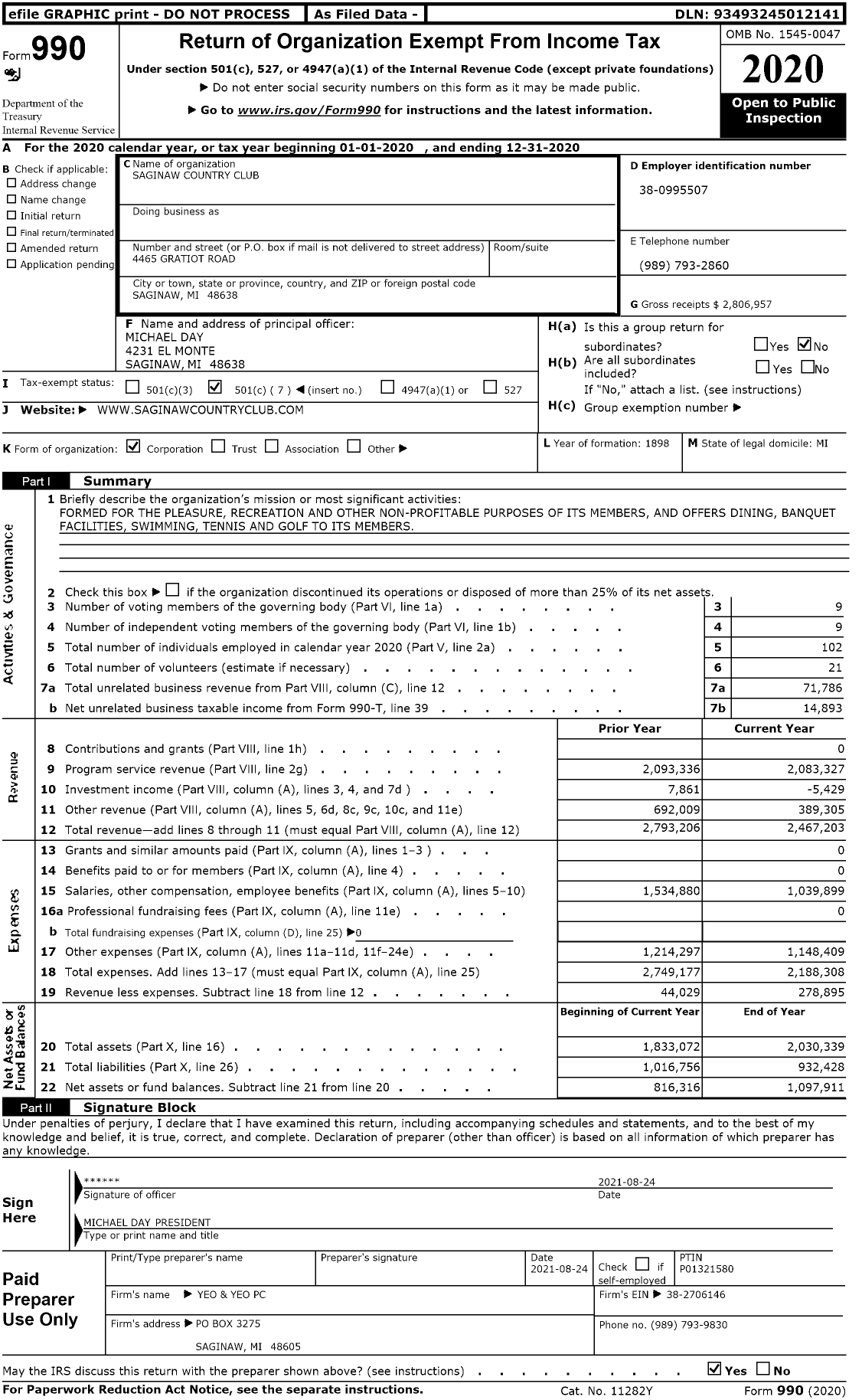 Image of first page of 2020 Form 990O for Saginaw Country Club