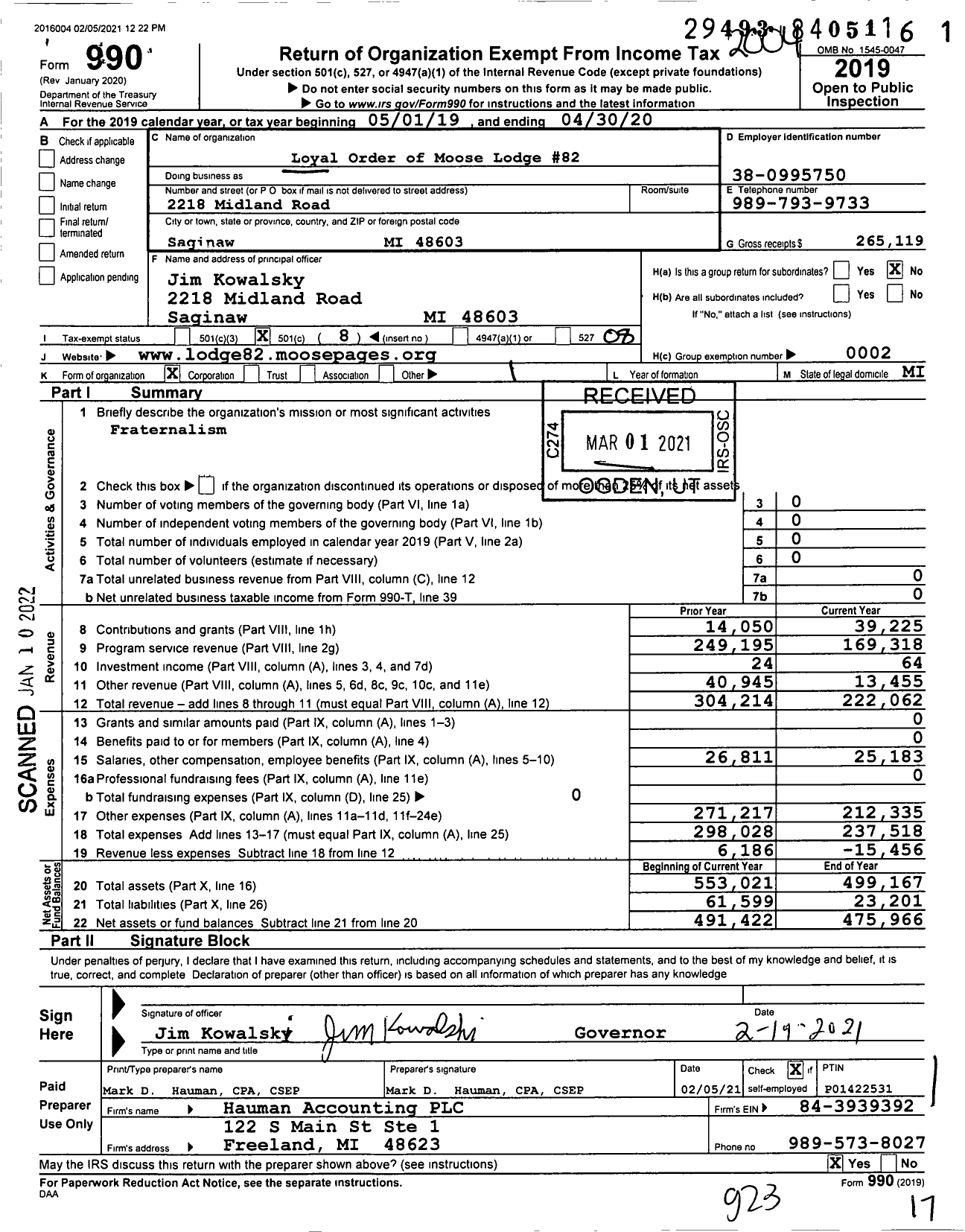 Image of first page of 2019 Form 990O for Loyal Order of Moose - 82