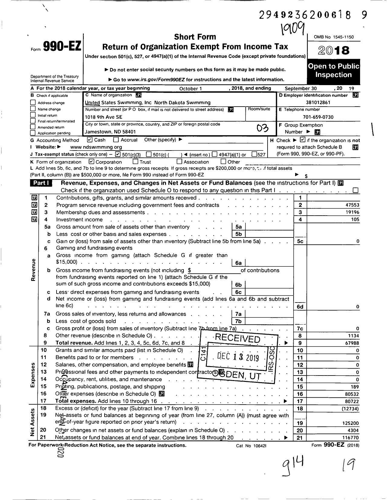 Image of first page of 2018 Form 990EZ for United States Swimming North Dakota Swimming