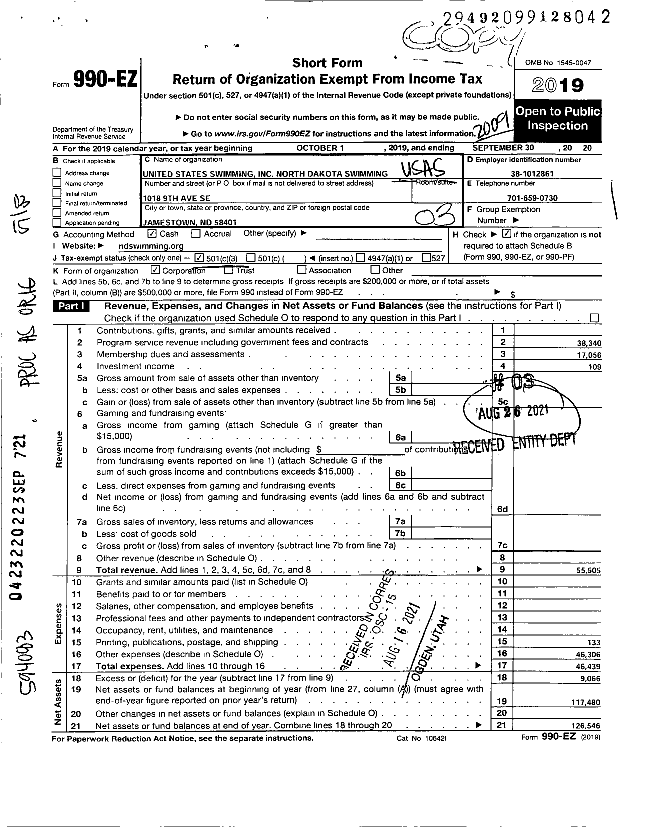 Image of first page of 2019 Form 990EZ for United States Swimming North Dakota Swimming