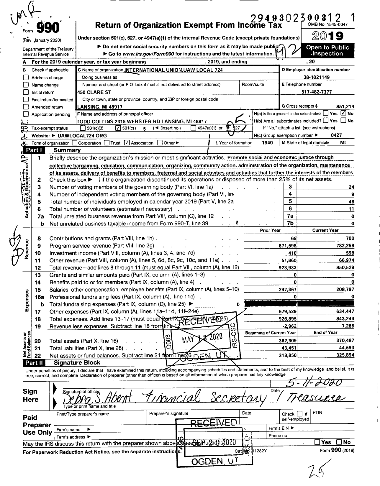 Image of first page of 2019 Form 990O for Uaw - Local Union 724 Uaw