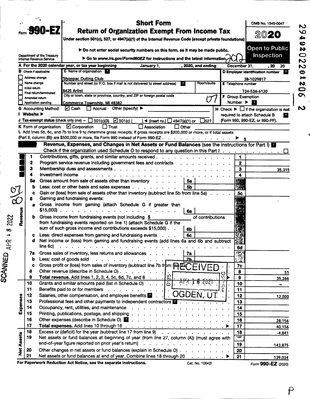 Image of first page of 2020 Form 990EO for Shoepac Outing Club