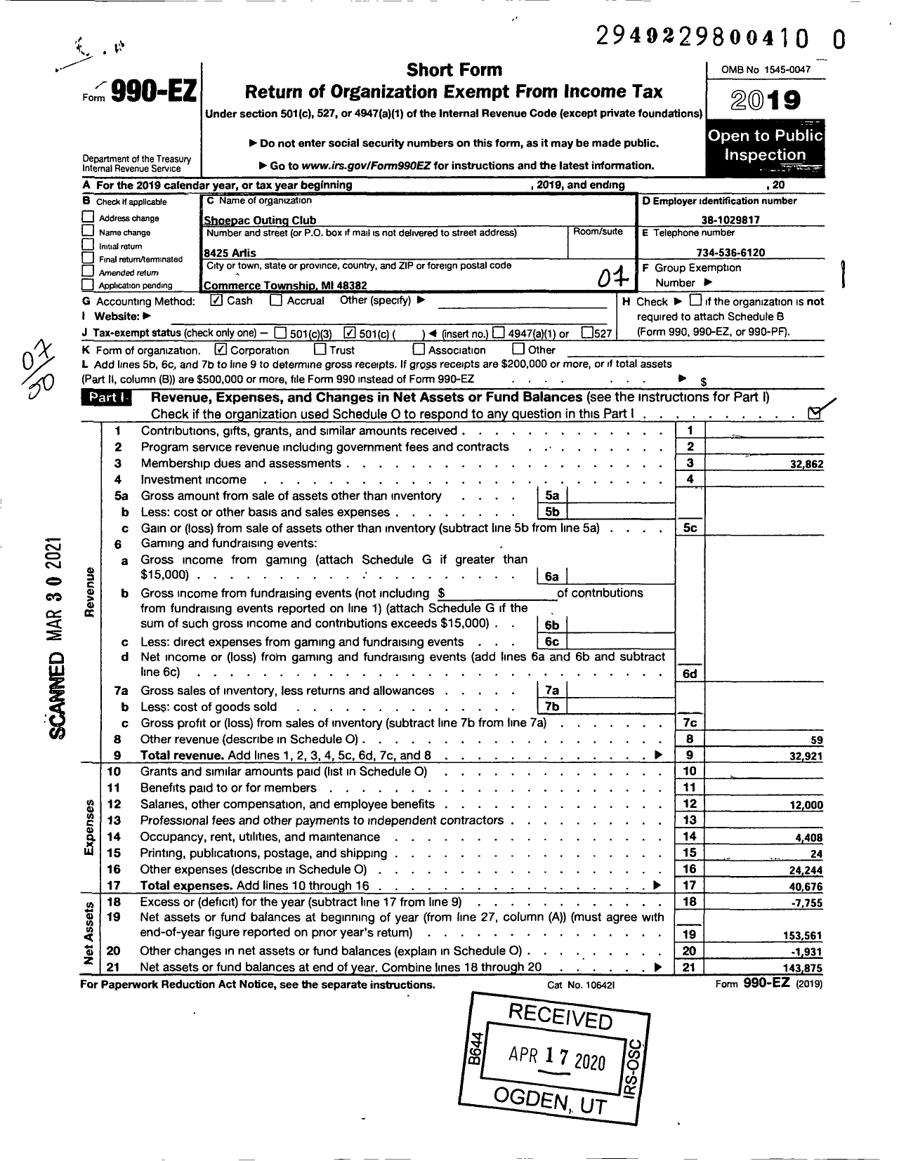 Image of first page of 2019 Form 990EO for Shoepac Outing Club