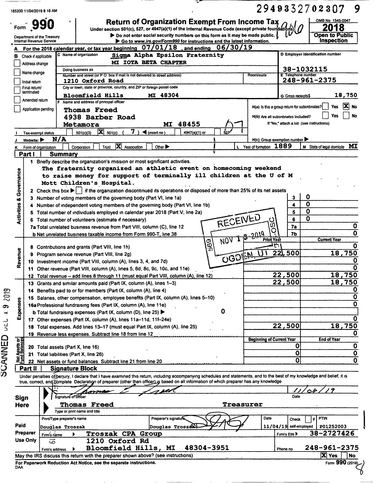 Image of first page of 2018 Form 990O for Sigma Alpha Epsilon Fraternity - Mi Iota Beta Chapter