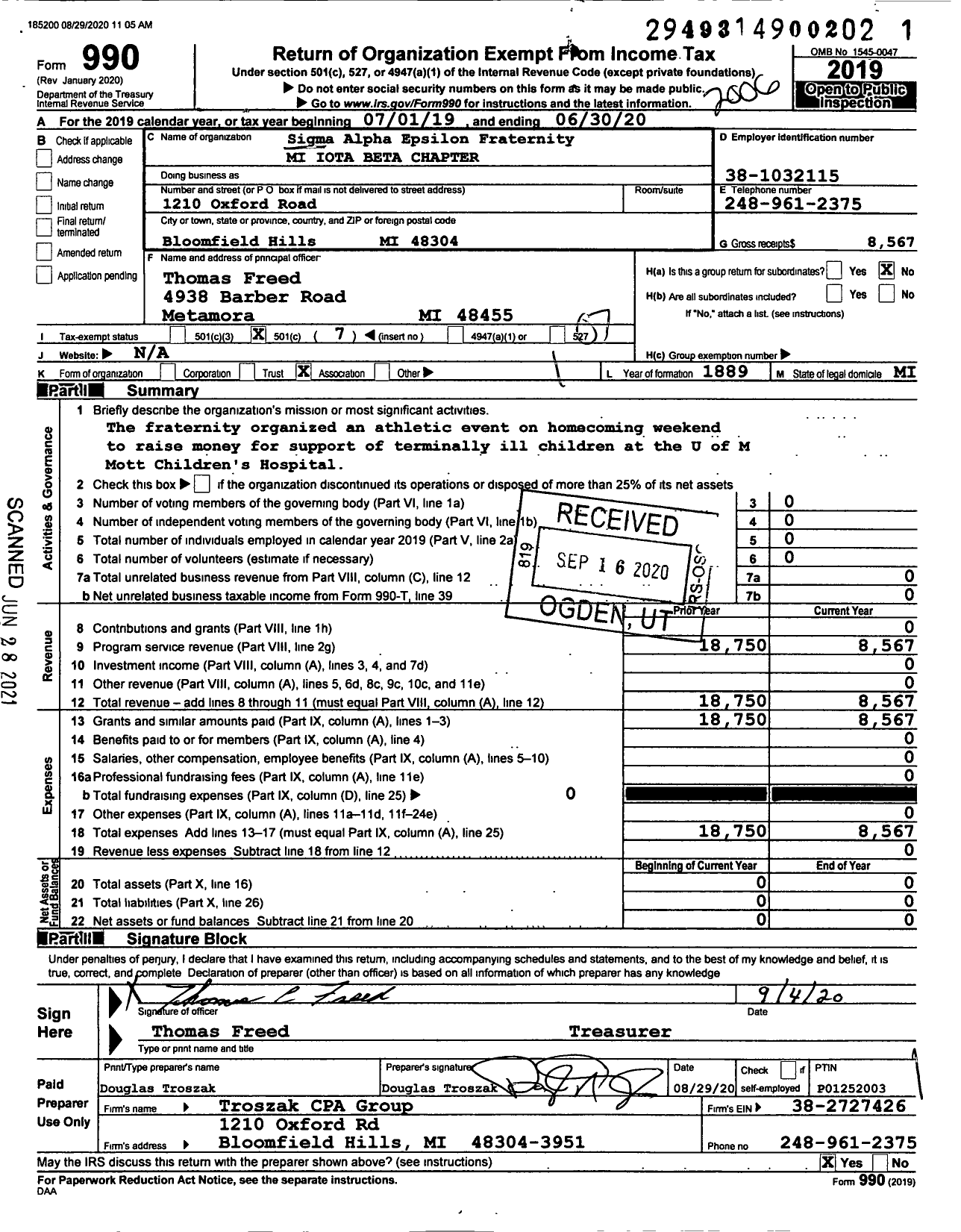 Image of first page of 2019 Form 990O for Sigma Alpha Epsilon Fraternity - Mi Iota Beta Chapter