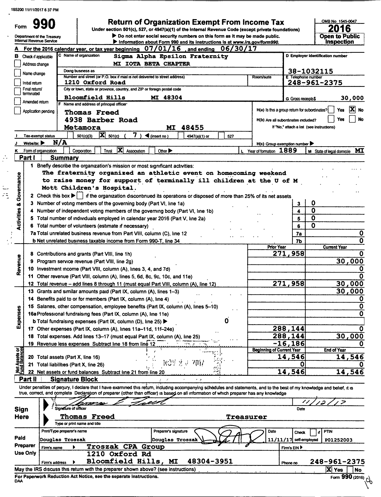 Image of first page of 2016 Form 990O for Sigma Alpha Epsilon Fraternity - Mi Iota Beta Chapter