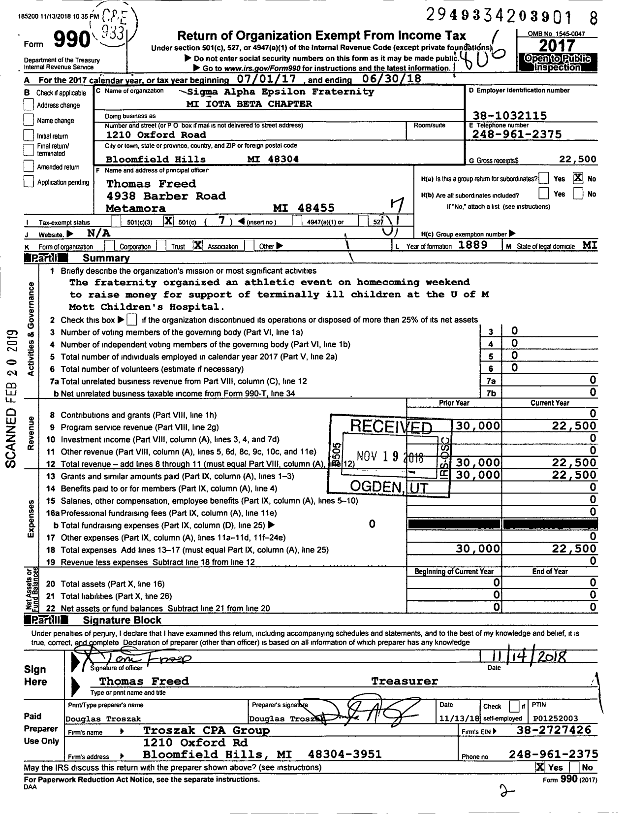 Image of first page of 2017 Form 990O for Sigma Alpha Epsilon Fraternity - Mi Iota Beta Chapter