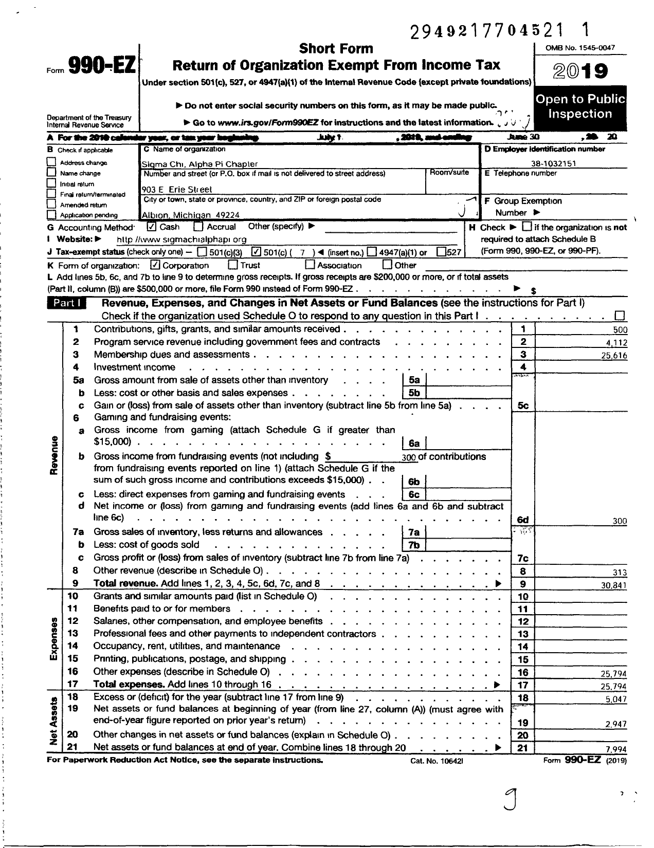 Image of first page of 2019 Form 990EO for Sigma Chi Fraternity - Alpha Pi Chapter Albion College