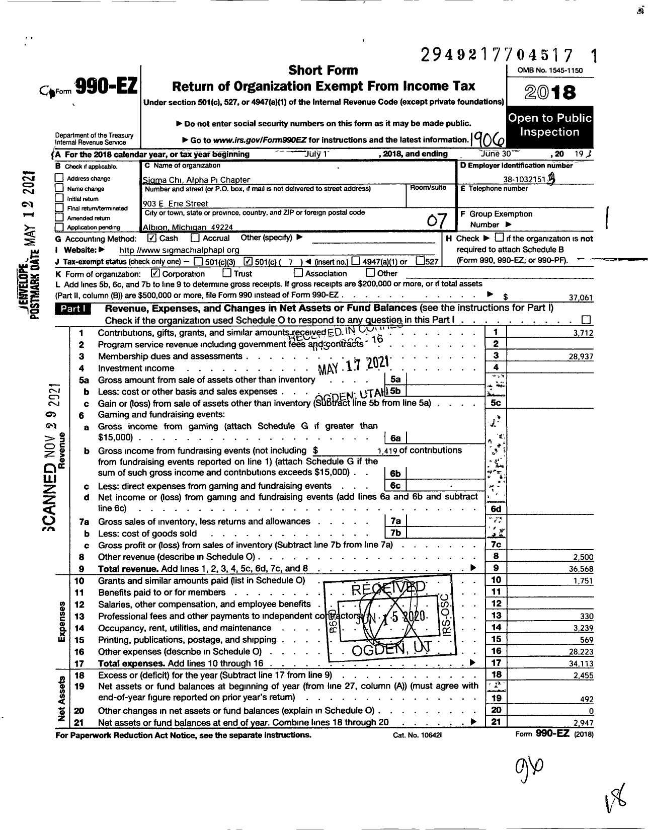 Image of first page of 2018 Form 990EO for Sigma Chi Fraternity - Alpha Pi Chapter Albion College