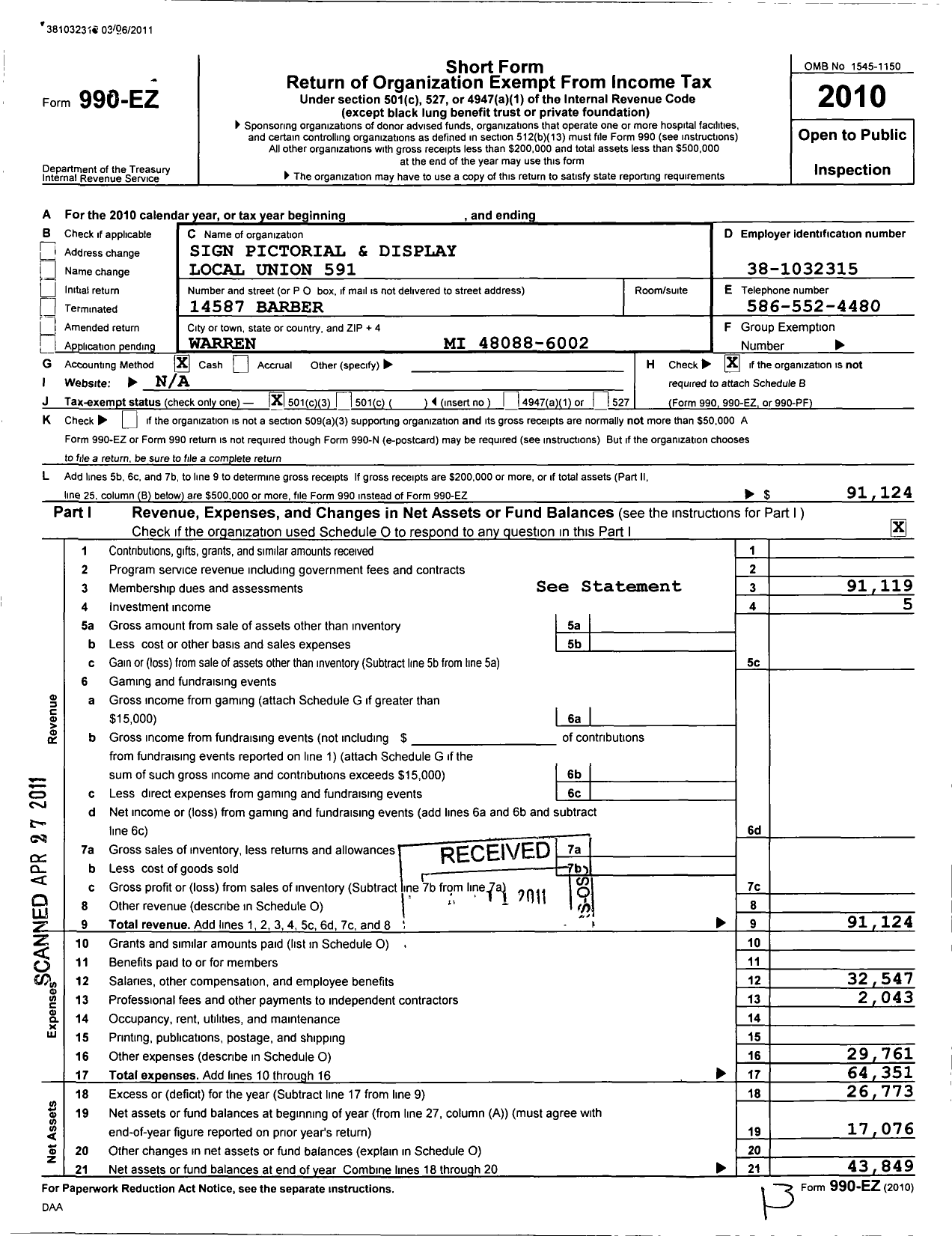 Image of first page of 2010 Form 990EZ for International Union of Painters and Allied Trades - 591 Sign Pictorial and Display Loca