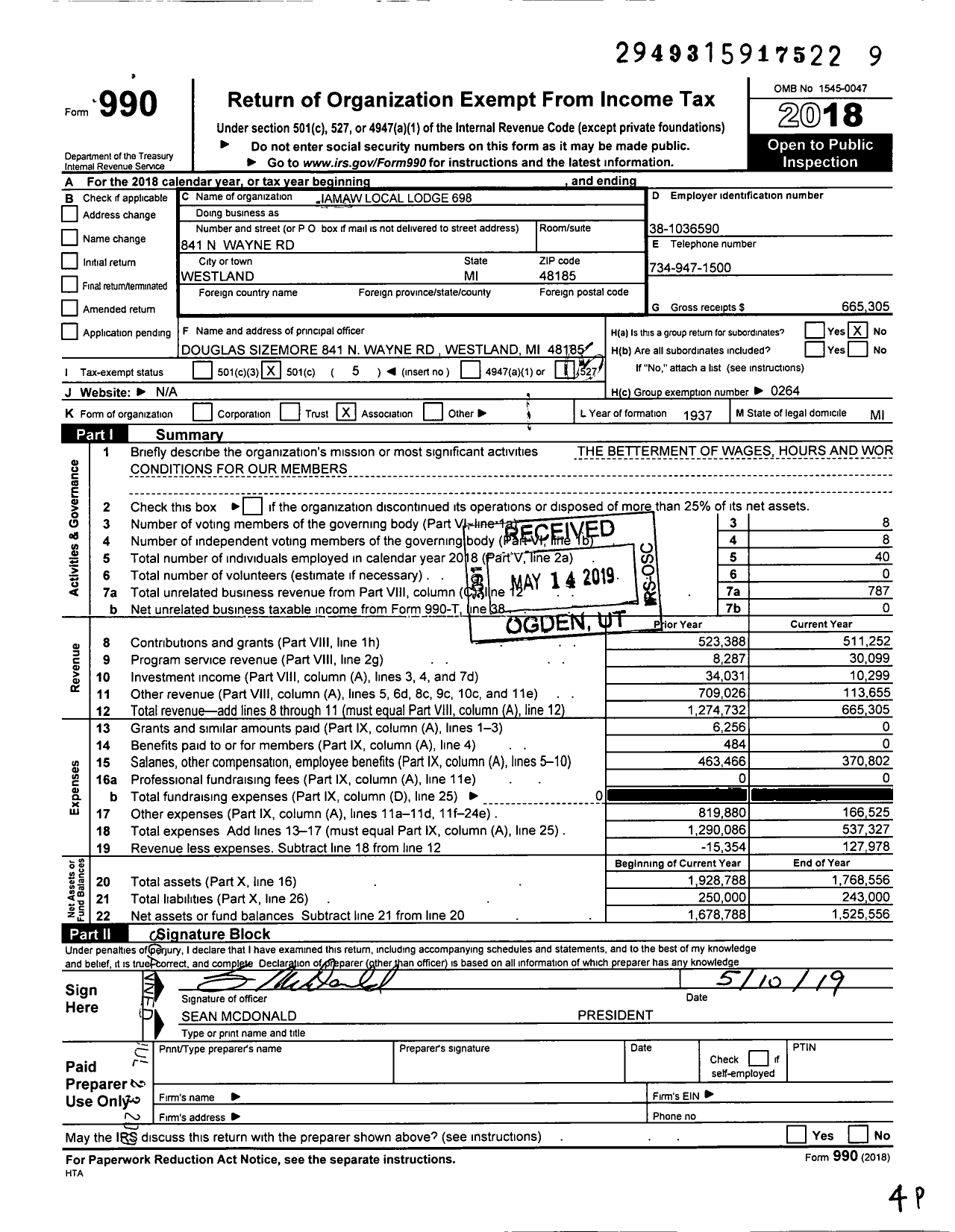 Image of first page of 2018 Form 990O for International Association of Machinists and Aerospace Workers - Iamaw Motor City Local Lodge 698