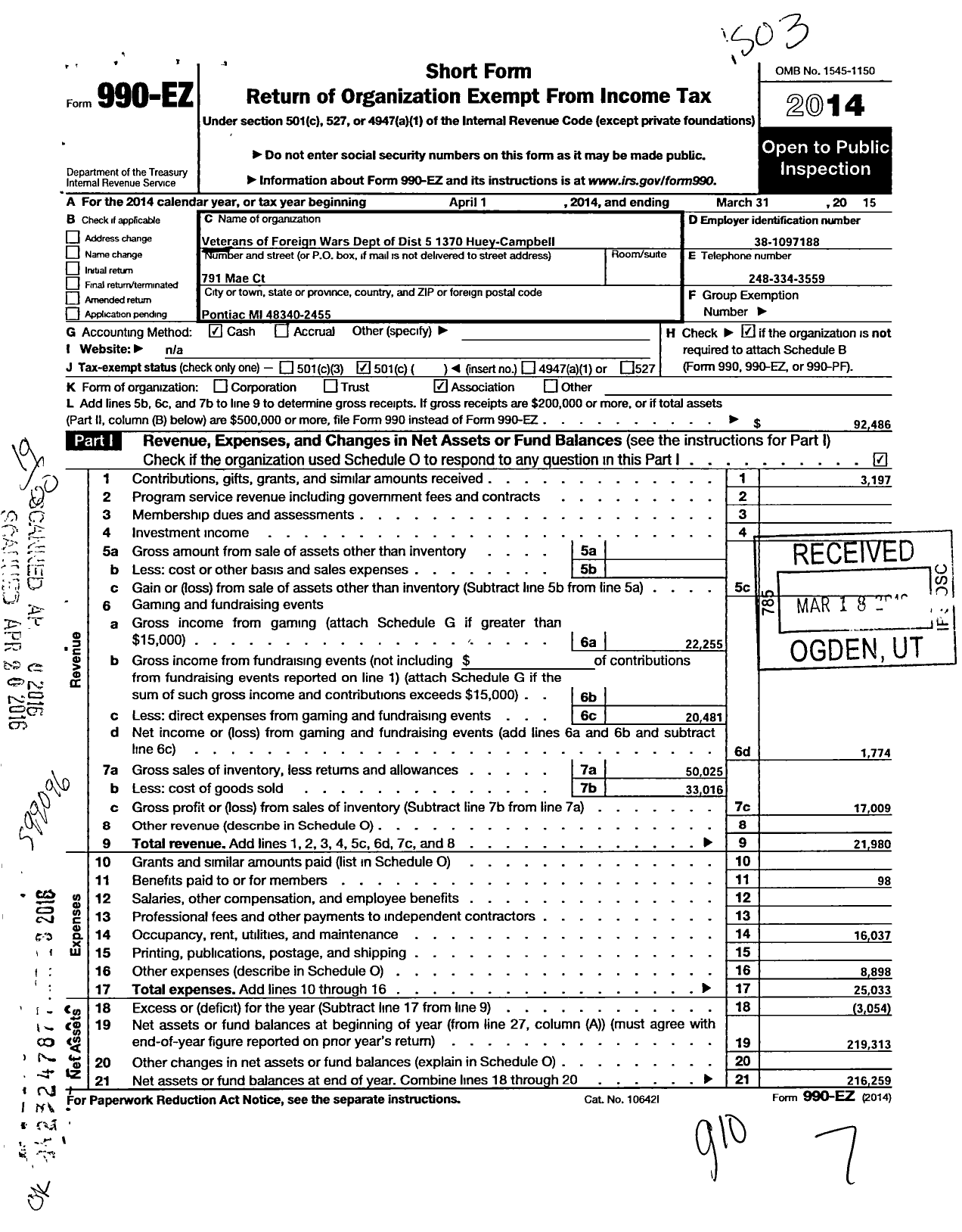 Image of first page of 2014 Form 990EO for VFW Department of Michigan - Dist 5 1370 Huey-Campbell