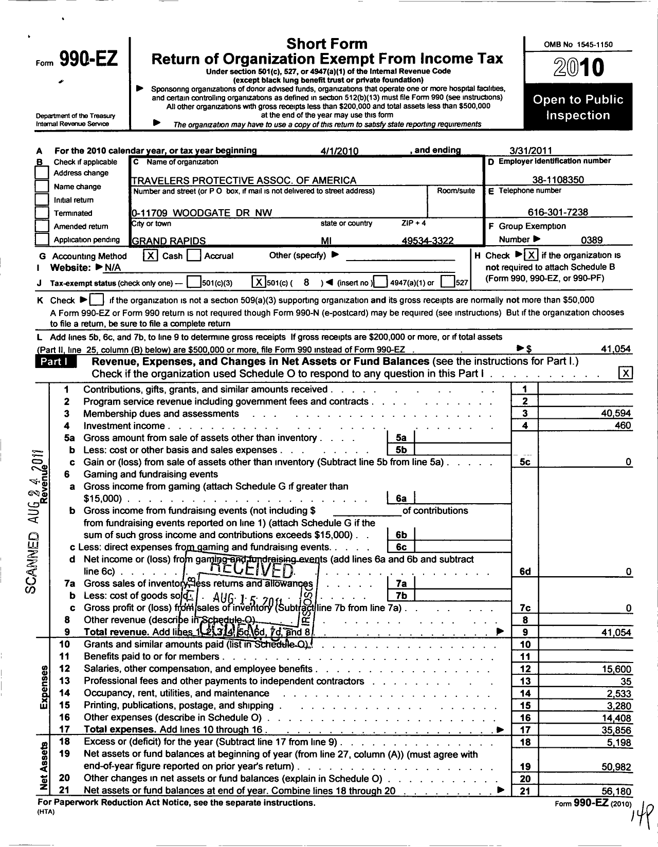 Image of first page of 2010 Form 990EO for Travelers Protective Association of America / Michigan Division