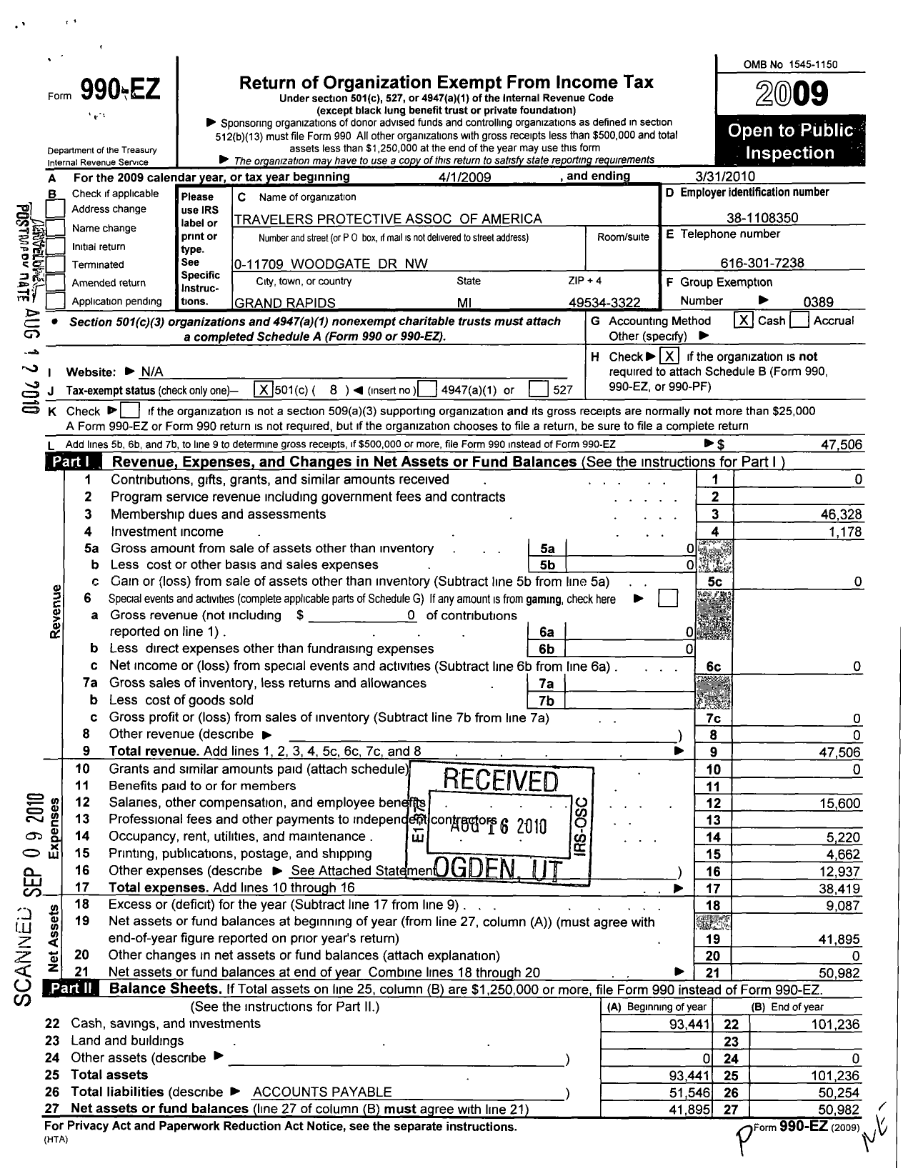 Image of first page of 2009 Form 990EO for Travelers Protective Association of America / Michigan Division