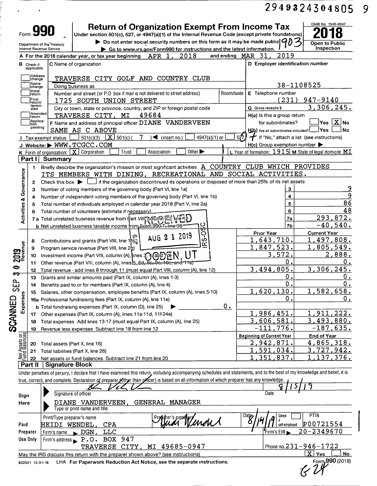 Image of first page of 2018 Form 990O for Traverse City Golf and Country Club