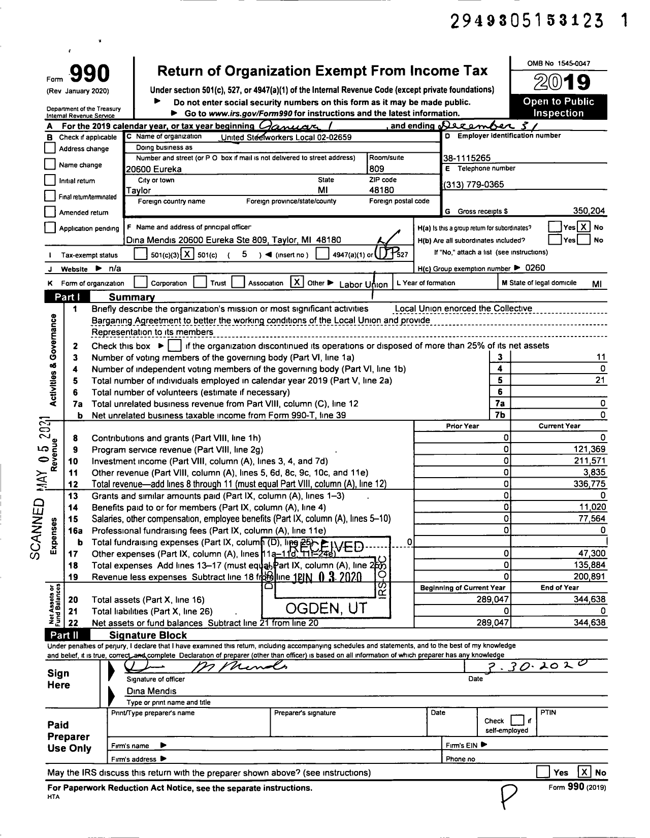 Image of first page of 2019 Form 990O for United Steelworkers - 02659 Local
