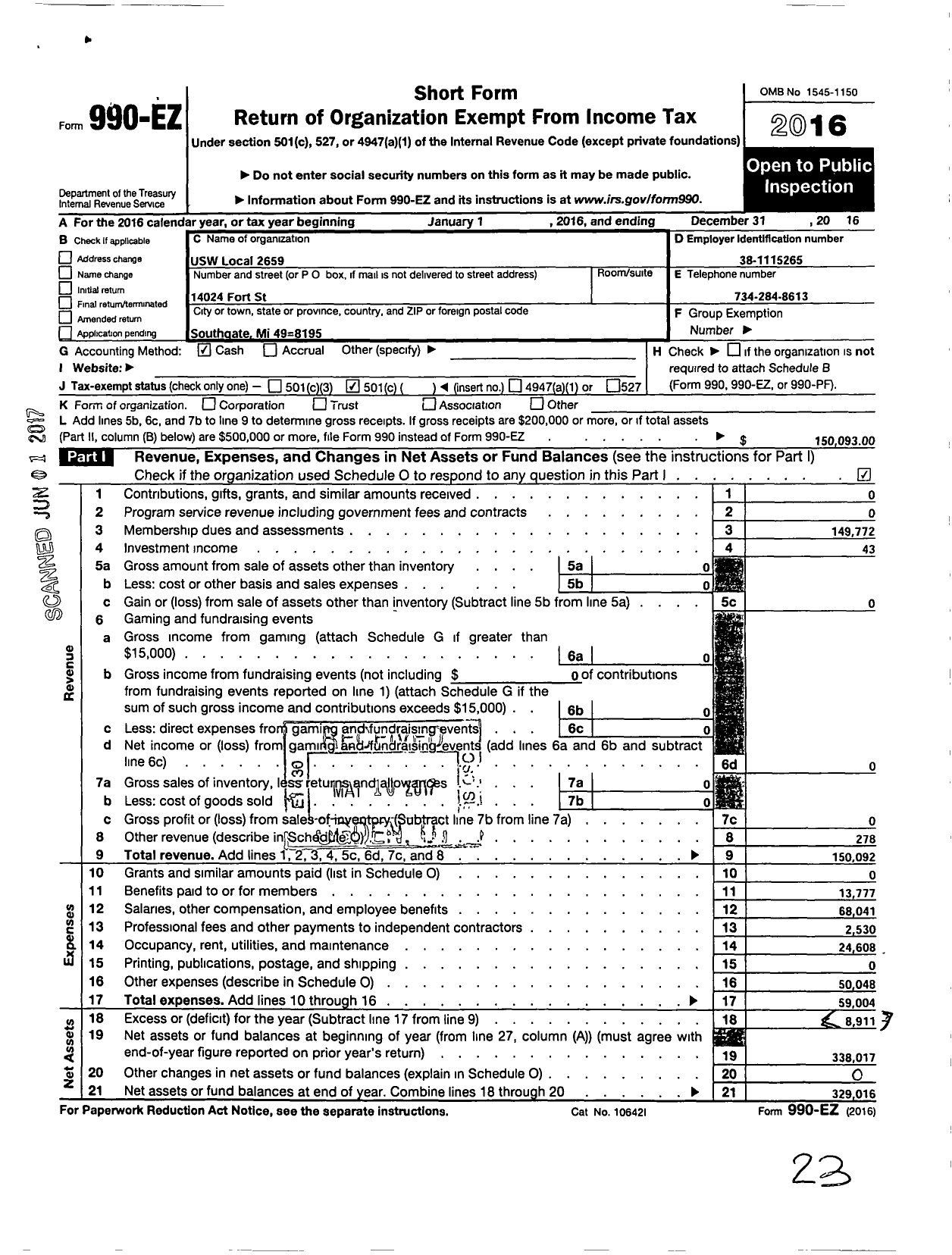 Image of first page of 2016 Form 990EO for United Steelworkers - 02659 Local