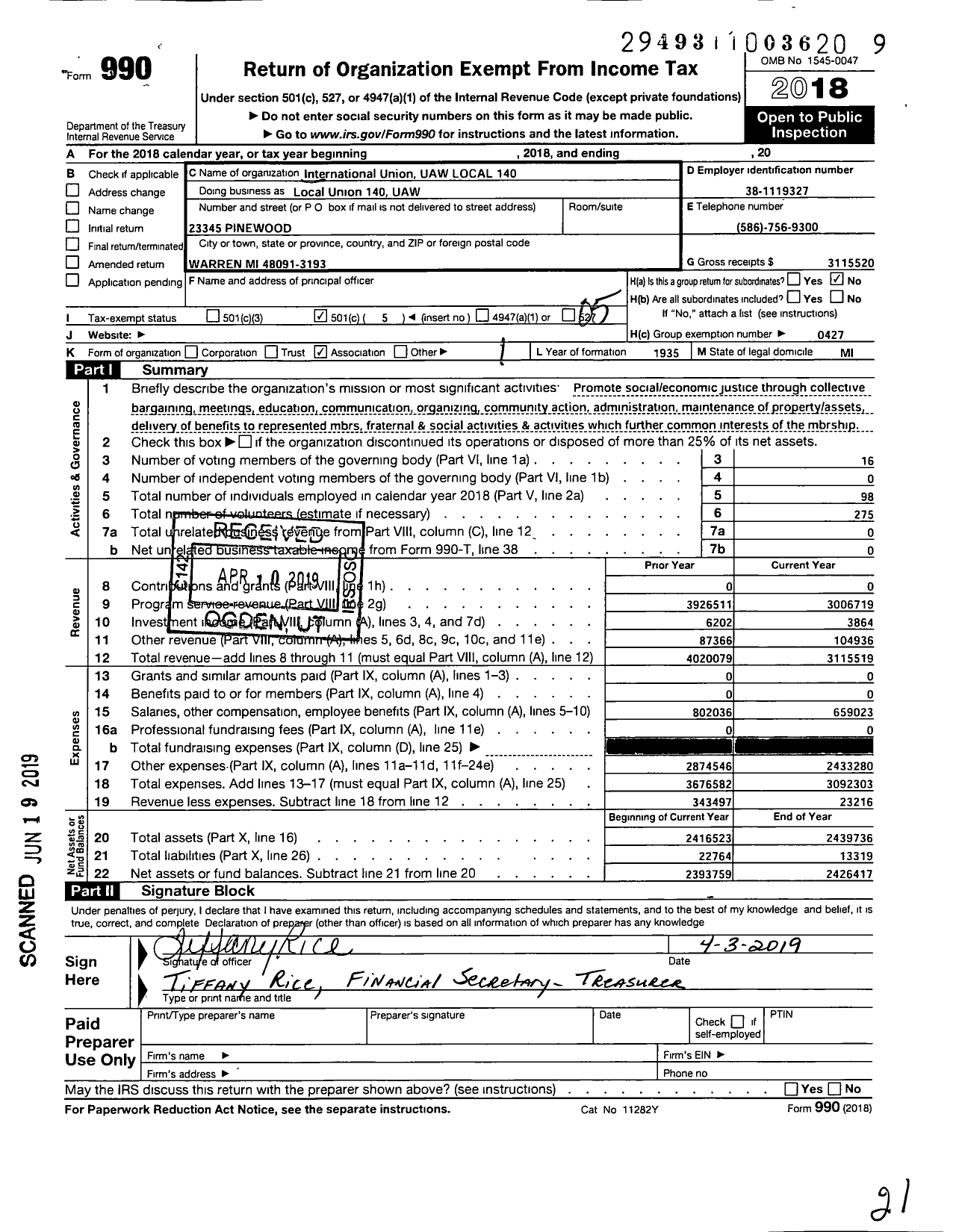 Image of first page of 2018 Form 990O for International Union UAW Local 140