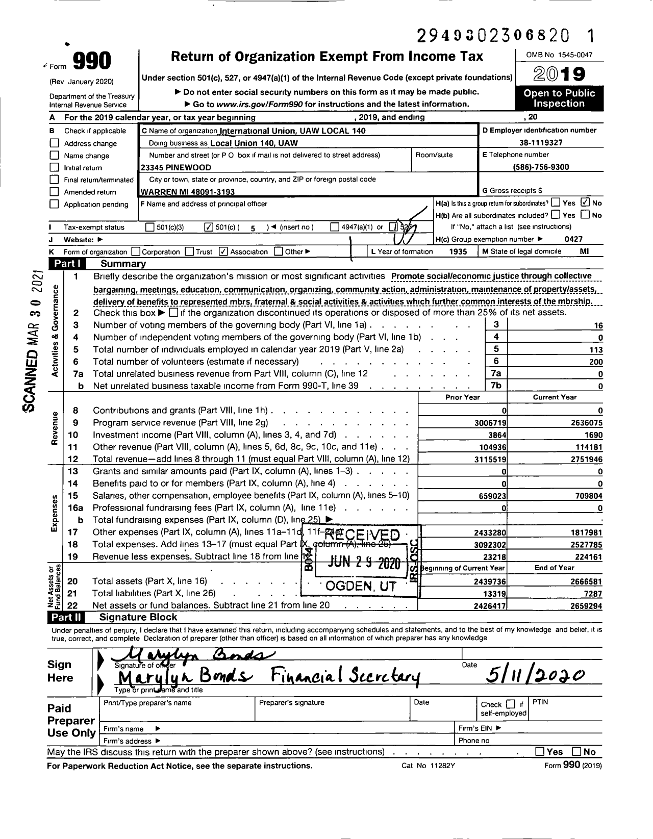 Image of first page of 2019 Form 990O for UAW - Local Union 140 UAW