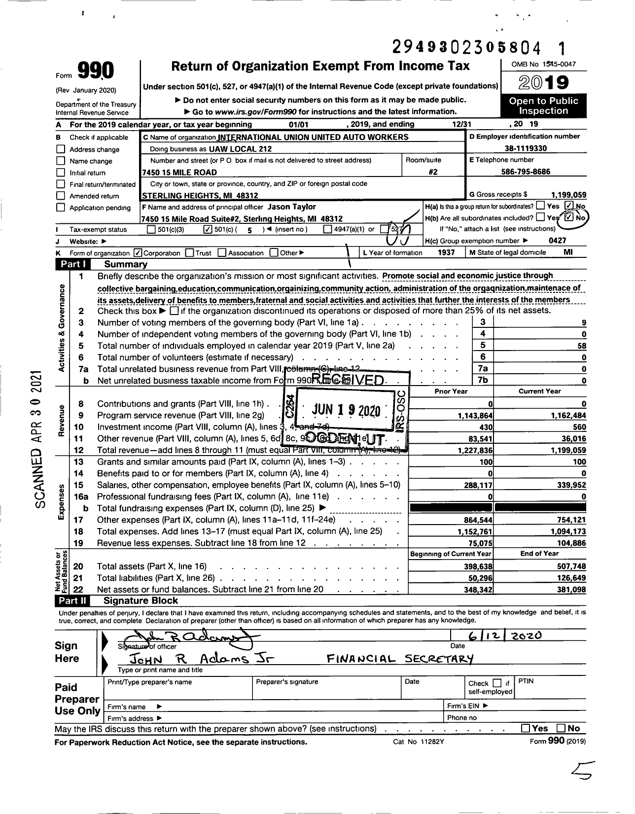 Image of first page of 2019 Form 990O for Uaw - International Union United Auto Aerospace and Agricultural Workers / Uaw Local 212