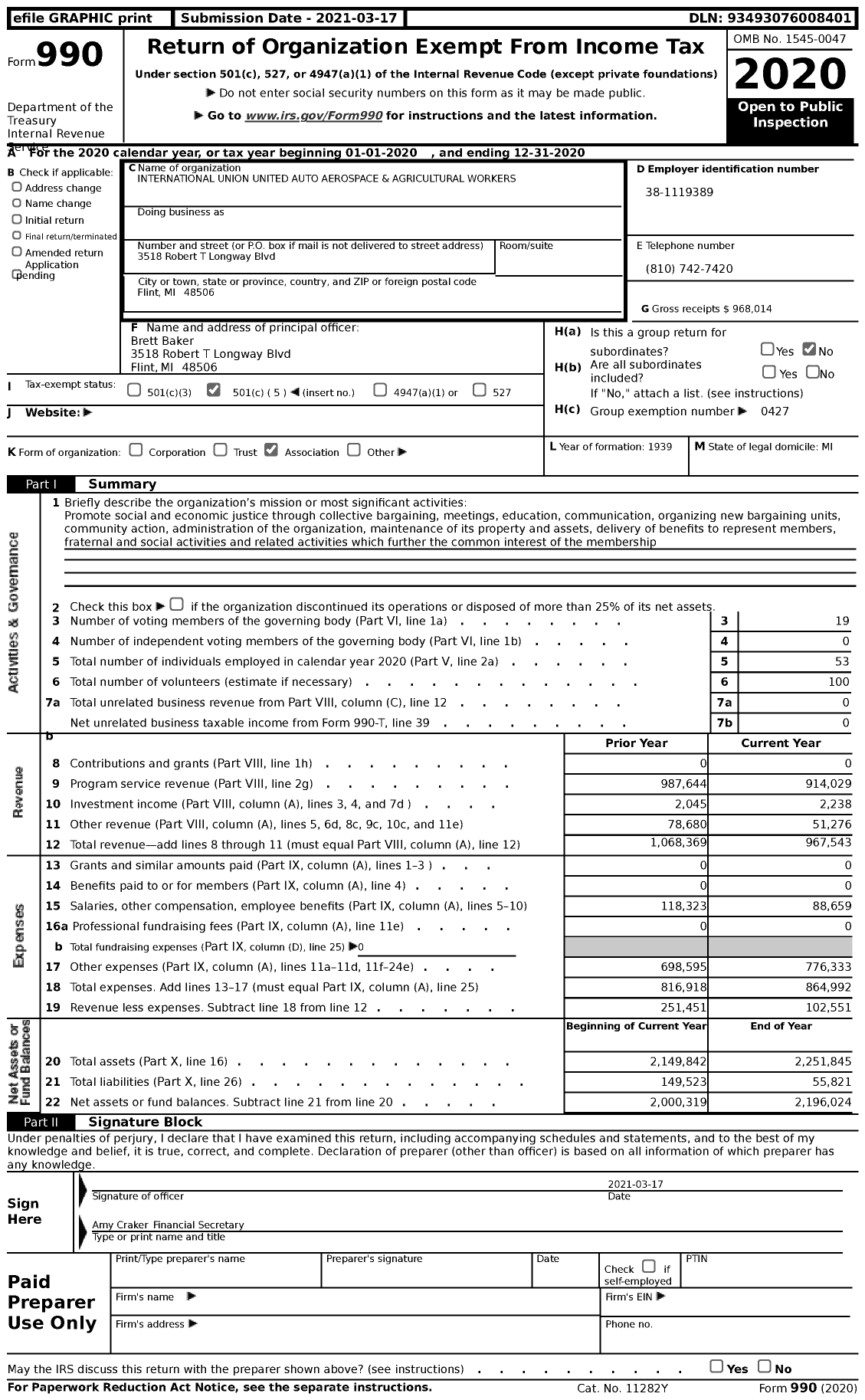 Image of first page of 2020 Form 990 for UAW - Local Union 651 UAW