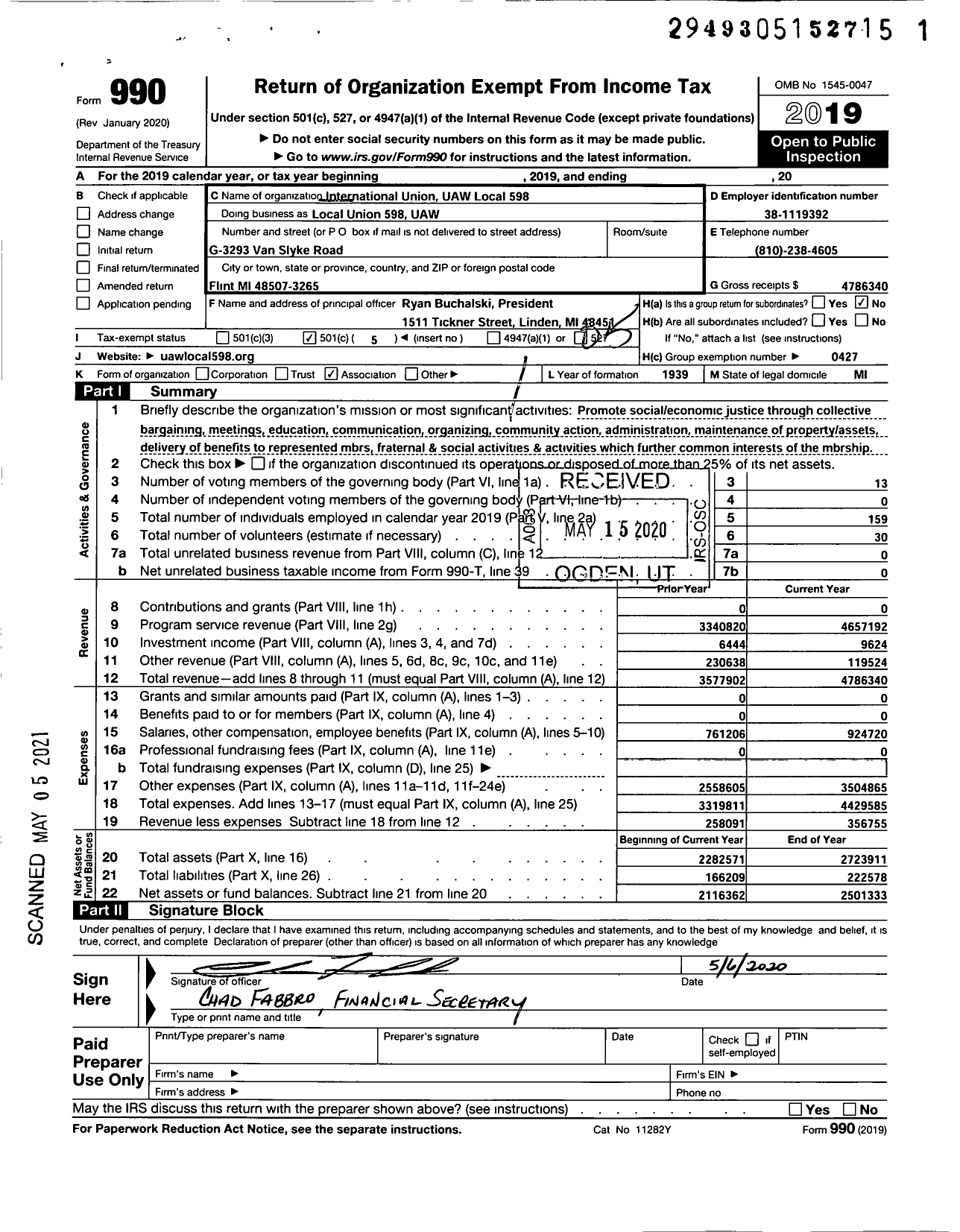 Image of first page of 2019 Form 990O for UAW - Local Union 598 UAW