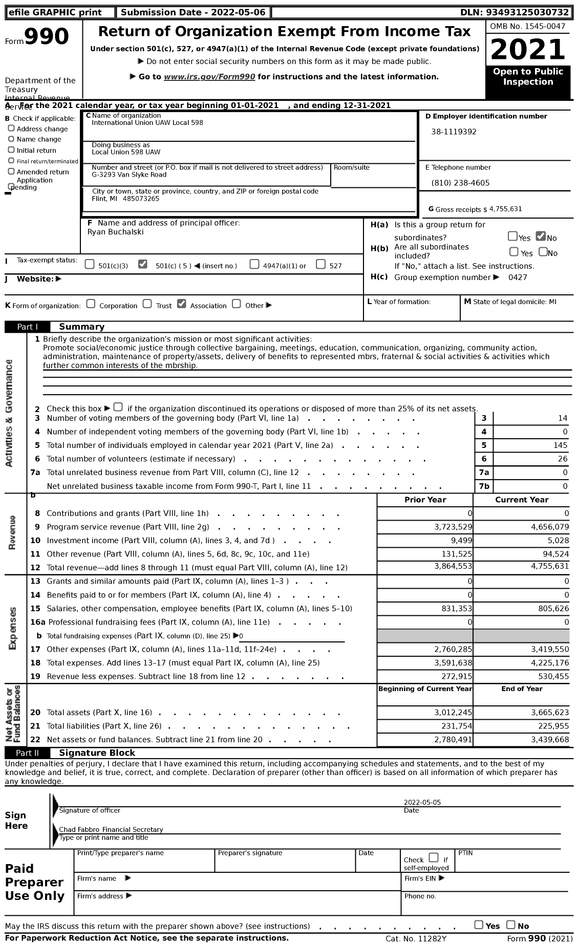 Image of first page of 2021 Form 990 for UAW - Local Union 598 UAW