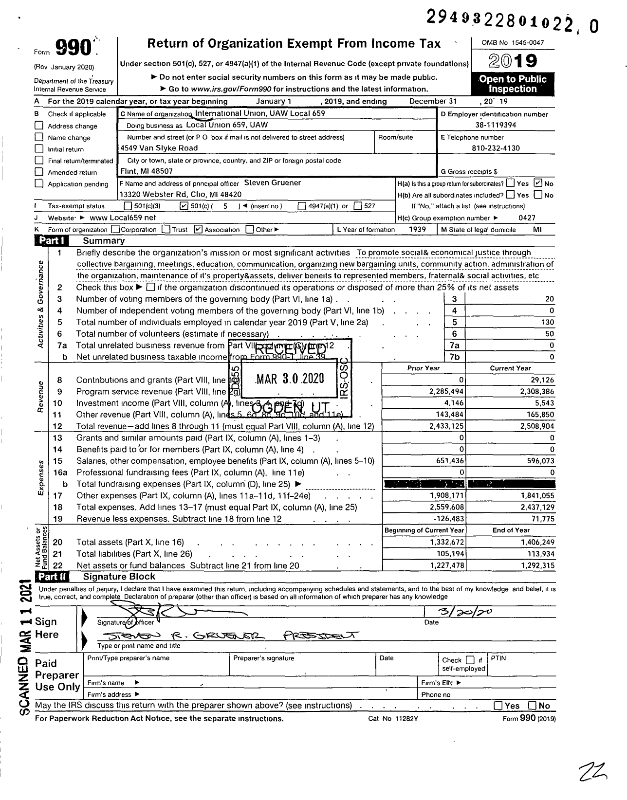 Image of first page of 2019 Form 990O for UAW - International Union United Auto Aerospace and Agricultural Workers / Local 659 Uaw