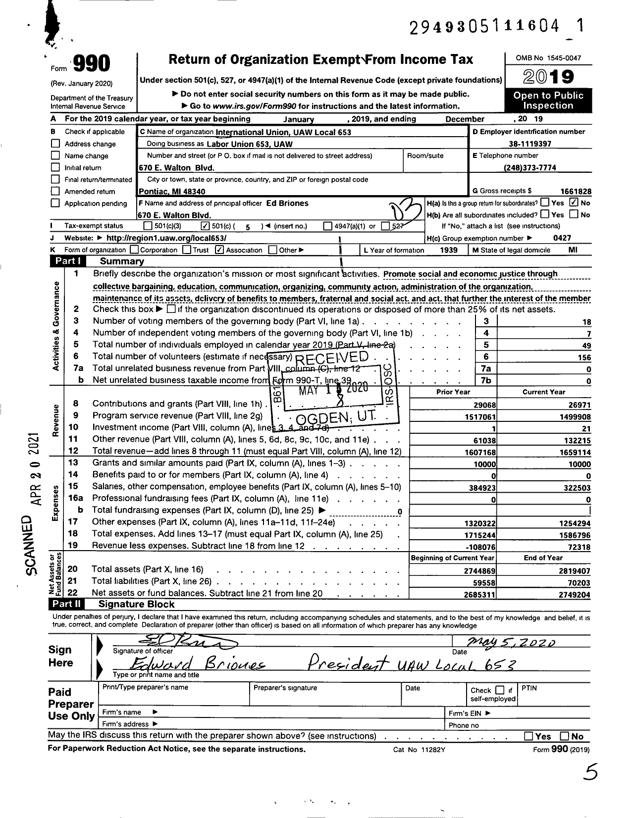 Image of first page of 2019 Form 990 for Uaw - Local Union 653 Uaw