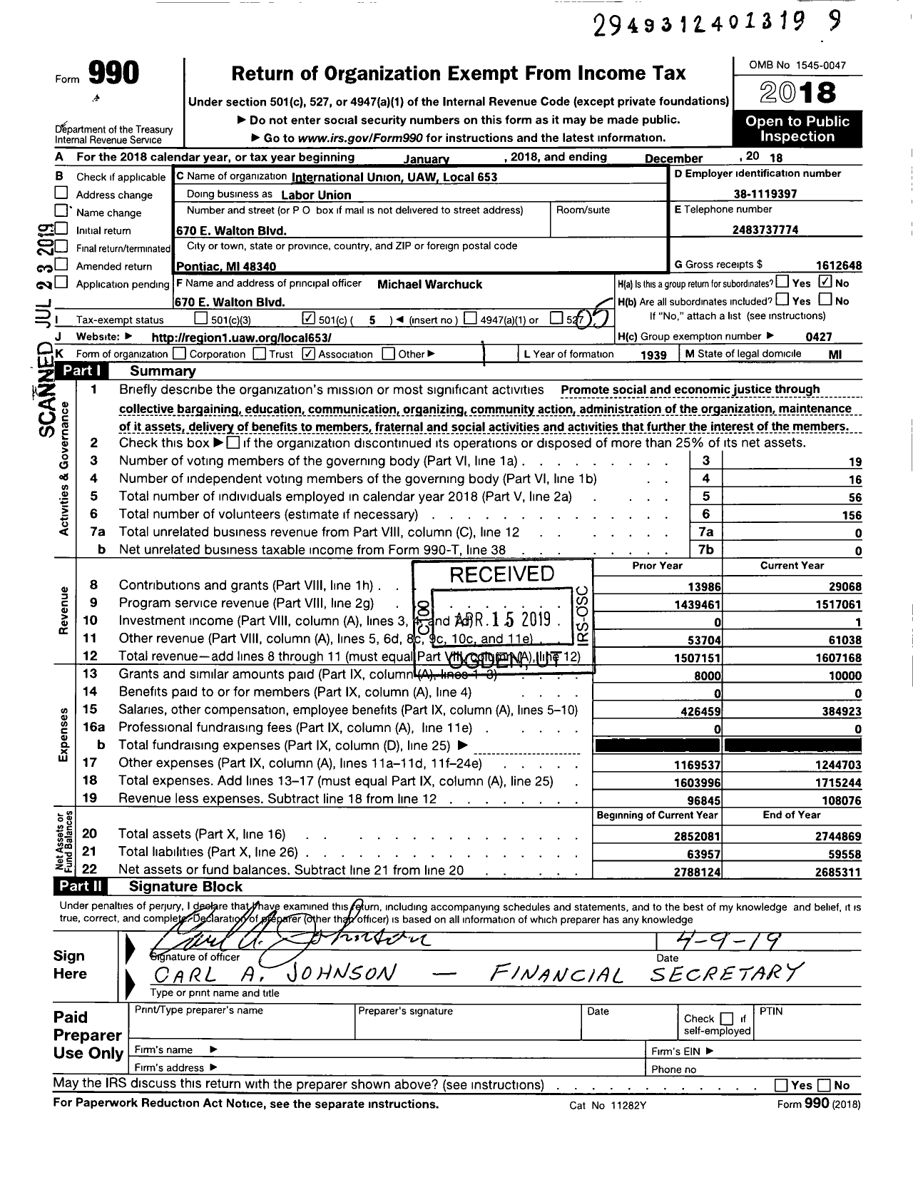 Image of first page of 2018 Form 990O for Uaw - Local Union 653 Uaw