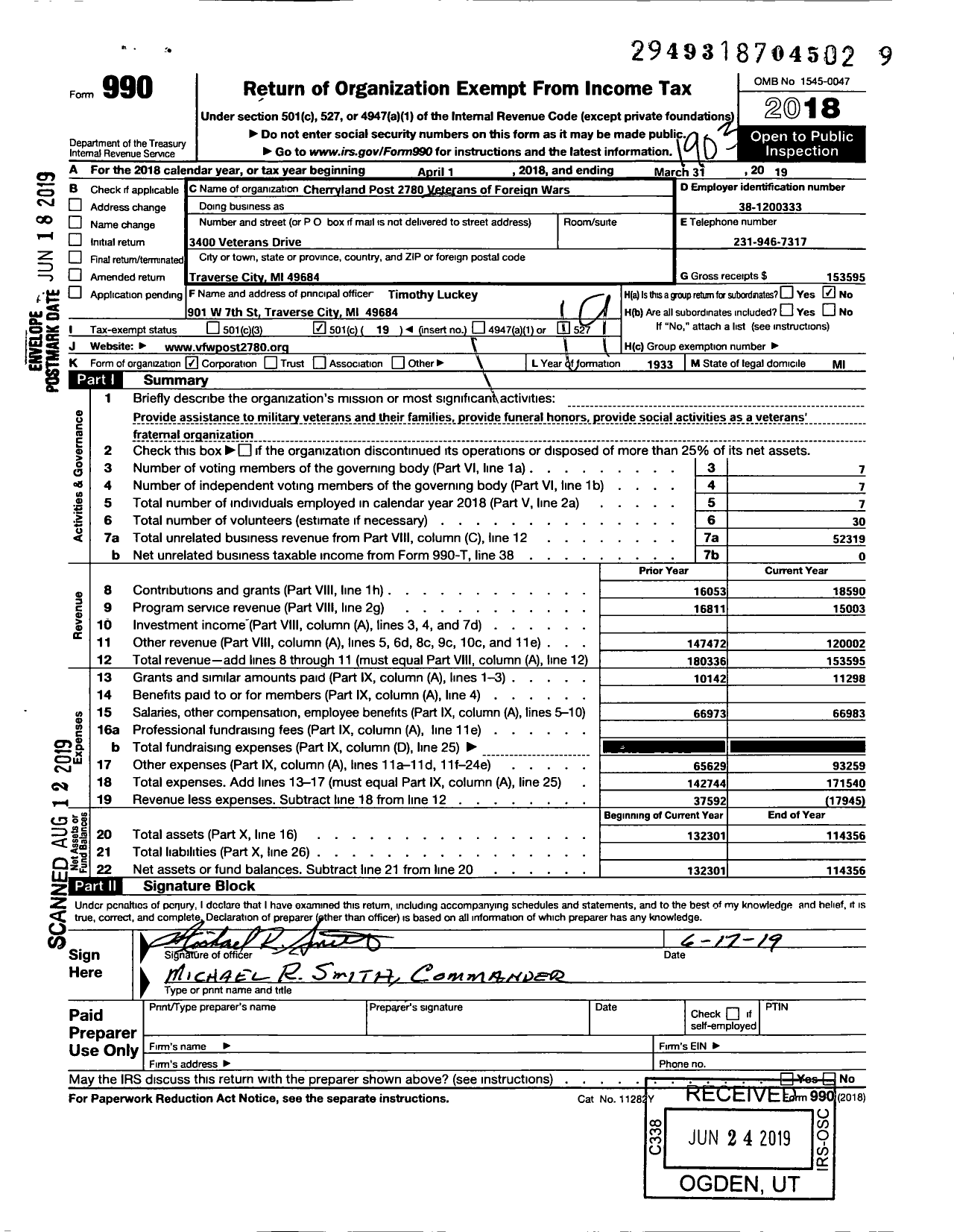 Image of first page of 2018 Form 990O for VFW Department of Michigan - Dist 13 2780 Cherryland