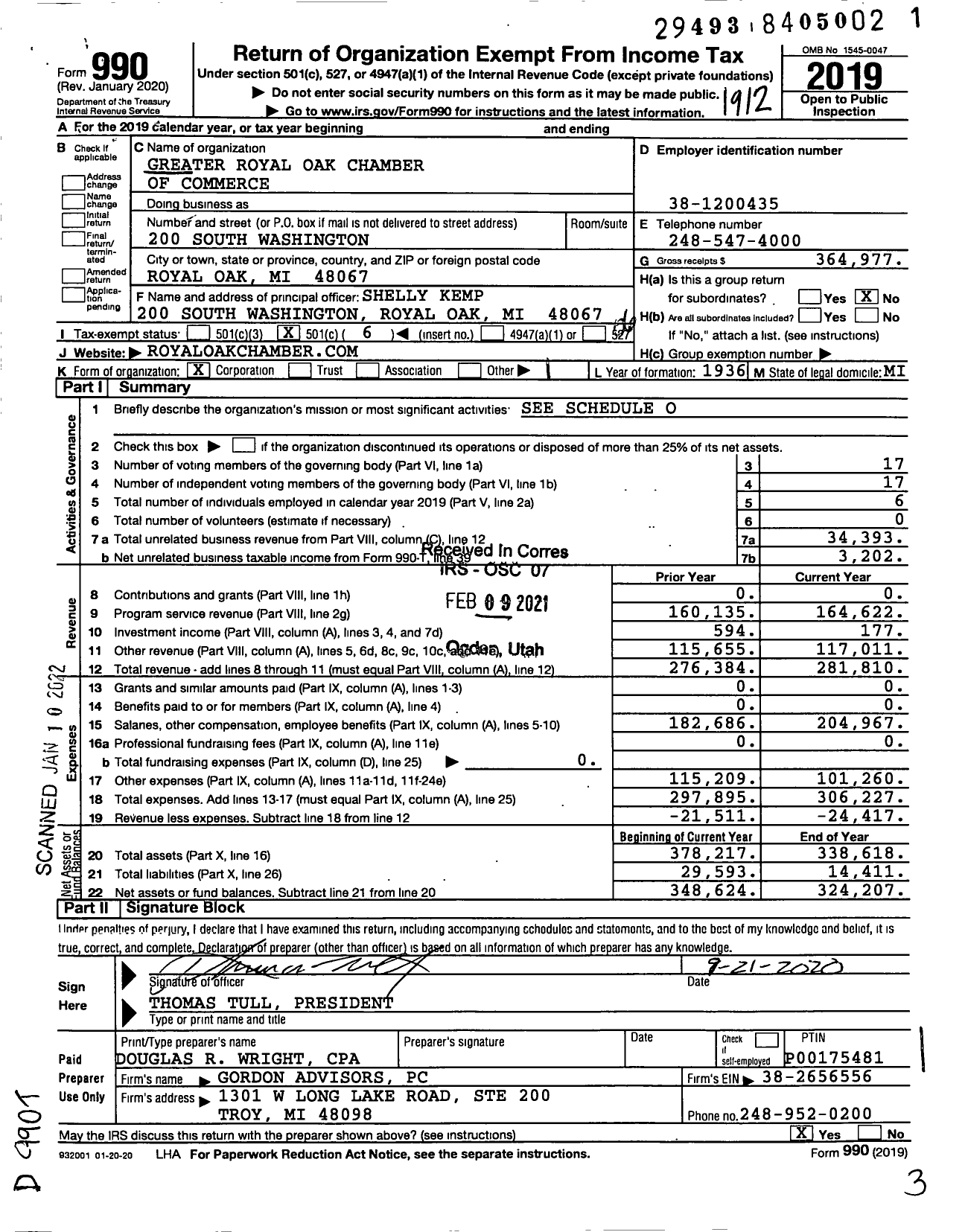 Image of first page of 2019 Form 990O for Greater Royal Oak Chamber of Commerce