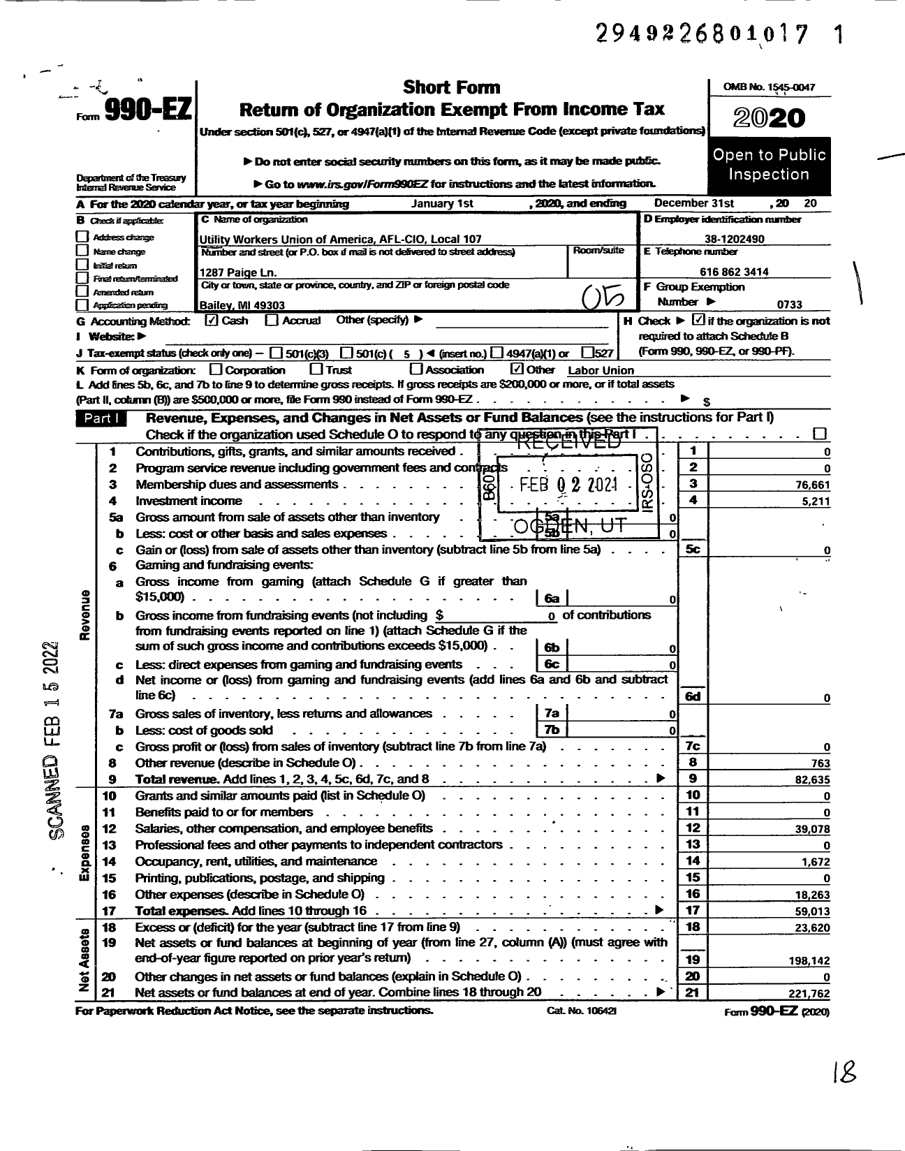Image of first page of 2020 Form 990EO for UTILITY WORKERS UNION OF AMERICA - 107 Uwua