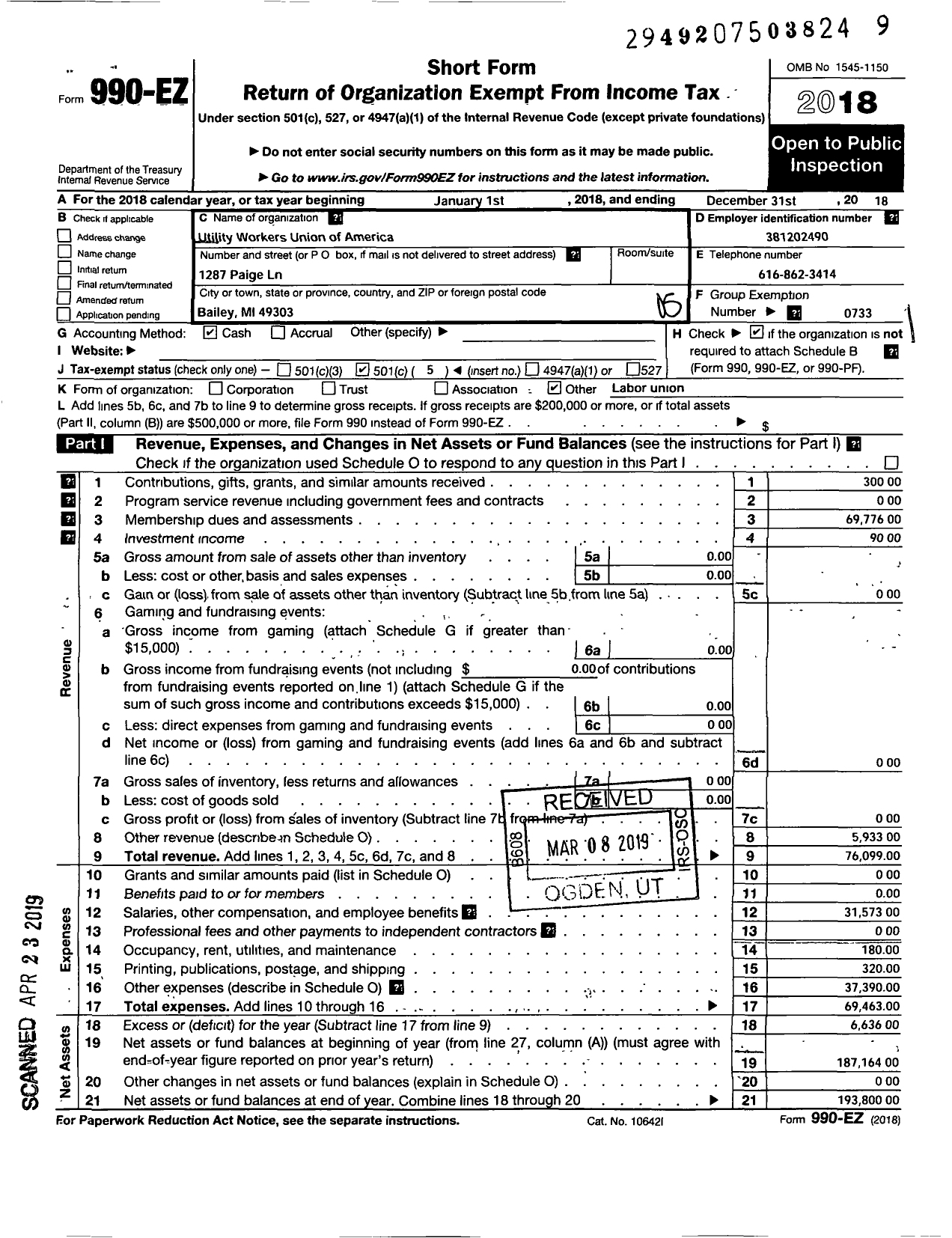 Image of first page of 2018 Form 990EO for UTILITY WORKERS UNION OF AMERICA - 107 Uwua