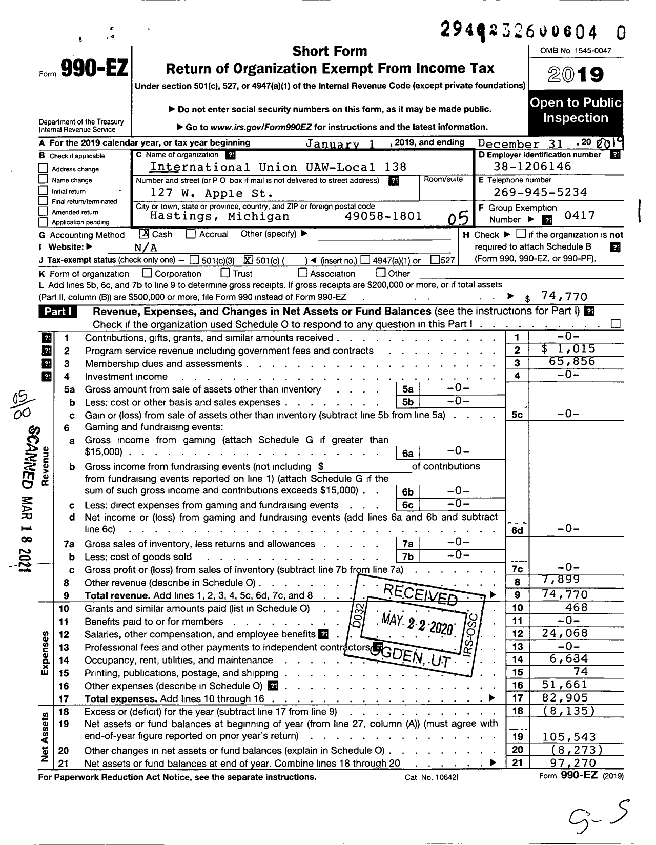 Image of first page of 2019 Form 990EO for Uaw - International Union Uaw Local 138