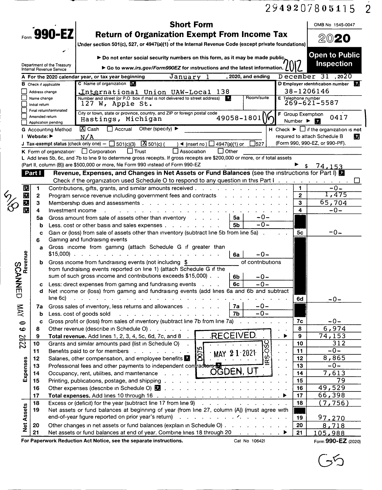 Image of first page of 2020 Form 990EO for Uaw - International Union Uaw Local 138