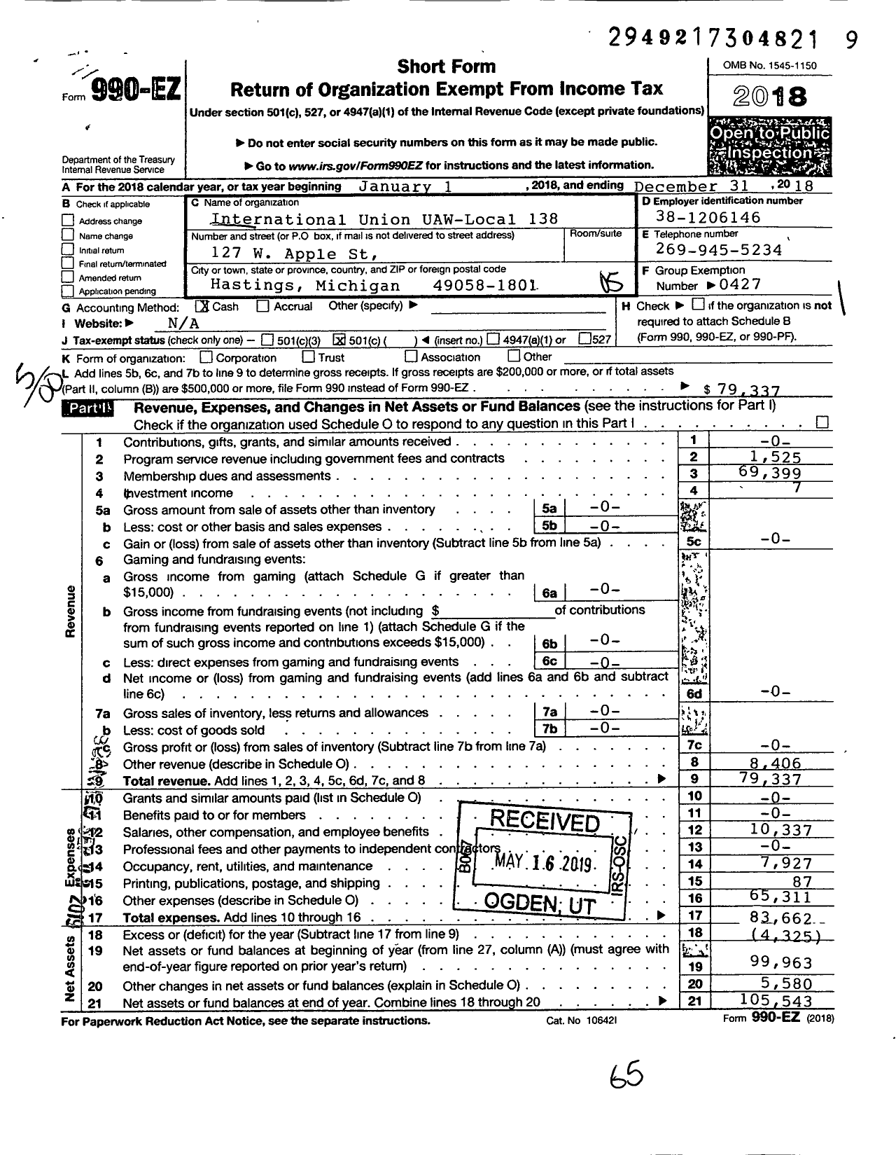 Image of first page of 2018 Form 990EO for Uaw - International Union Uaw Local 138