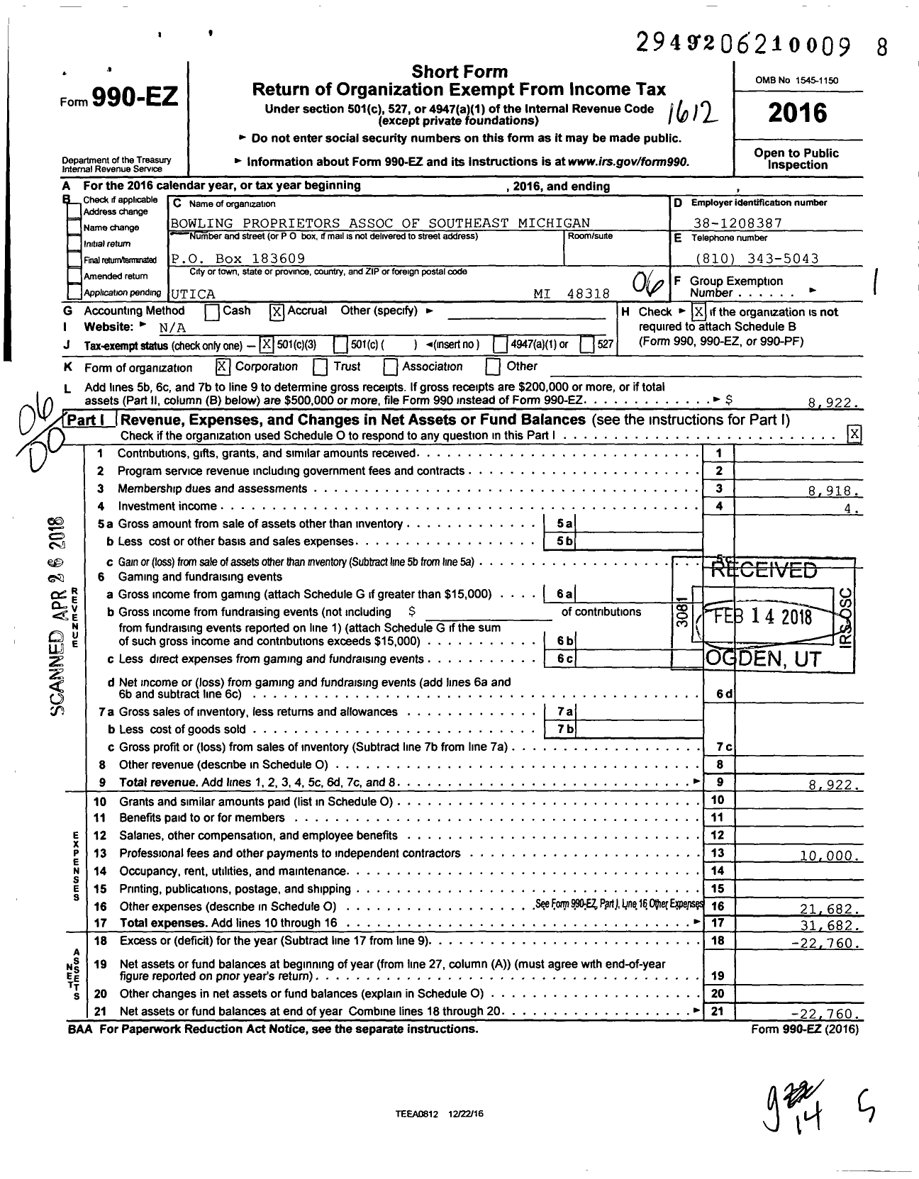 Image of first page of 2016 Form 990EO for Bowling Proprietors Association of Southeast Michigan